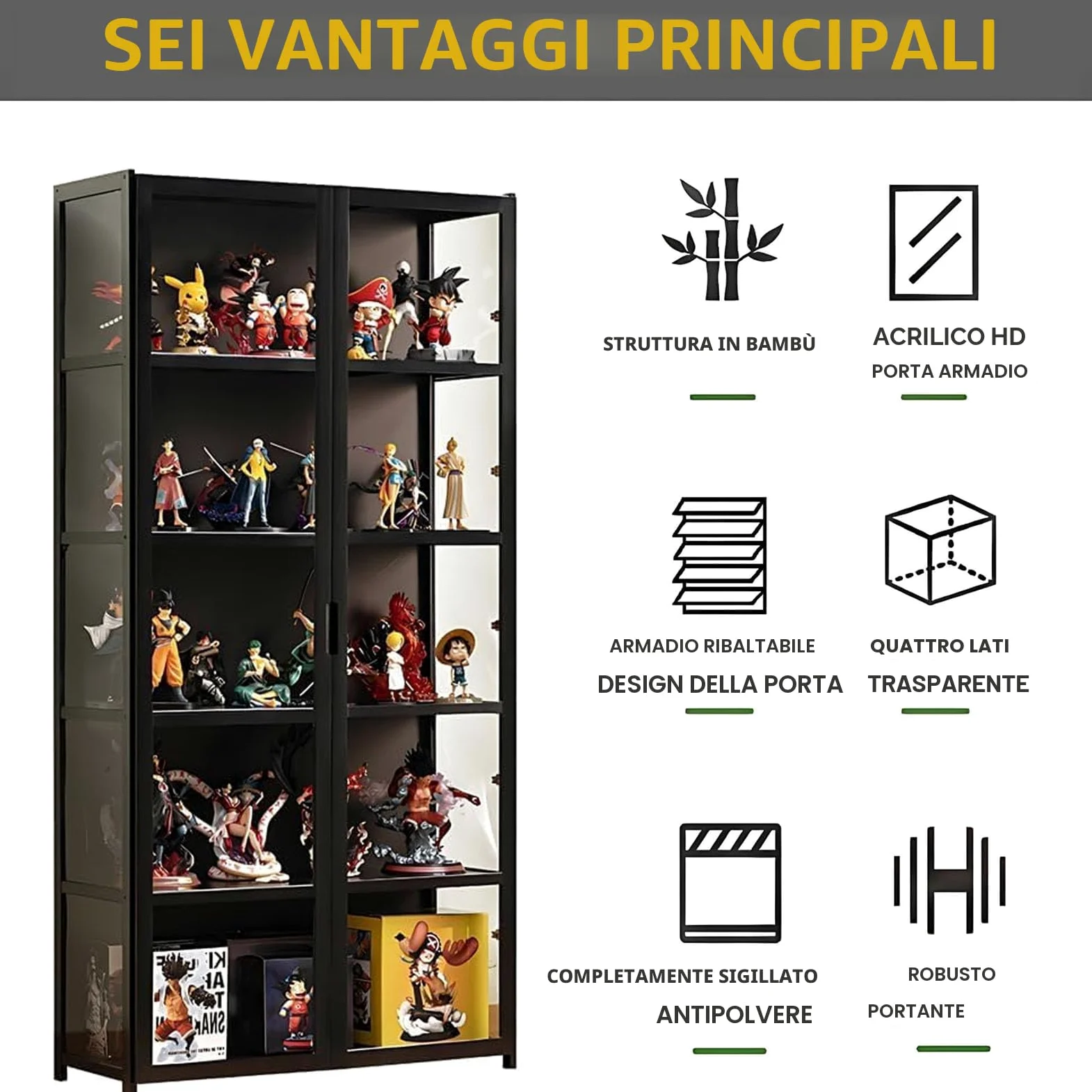 Vetrina anta vetro acrilico, vetrina 5 ripiani, organizer giocattoli collezione, libreria camera da letto, angolo lettura, bambini, bambù (porta a foglio nero)