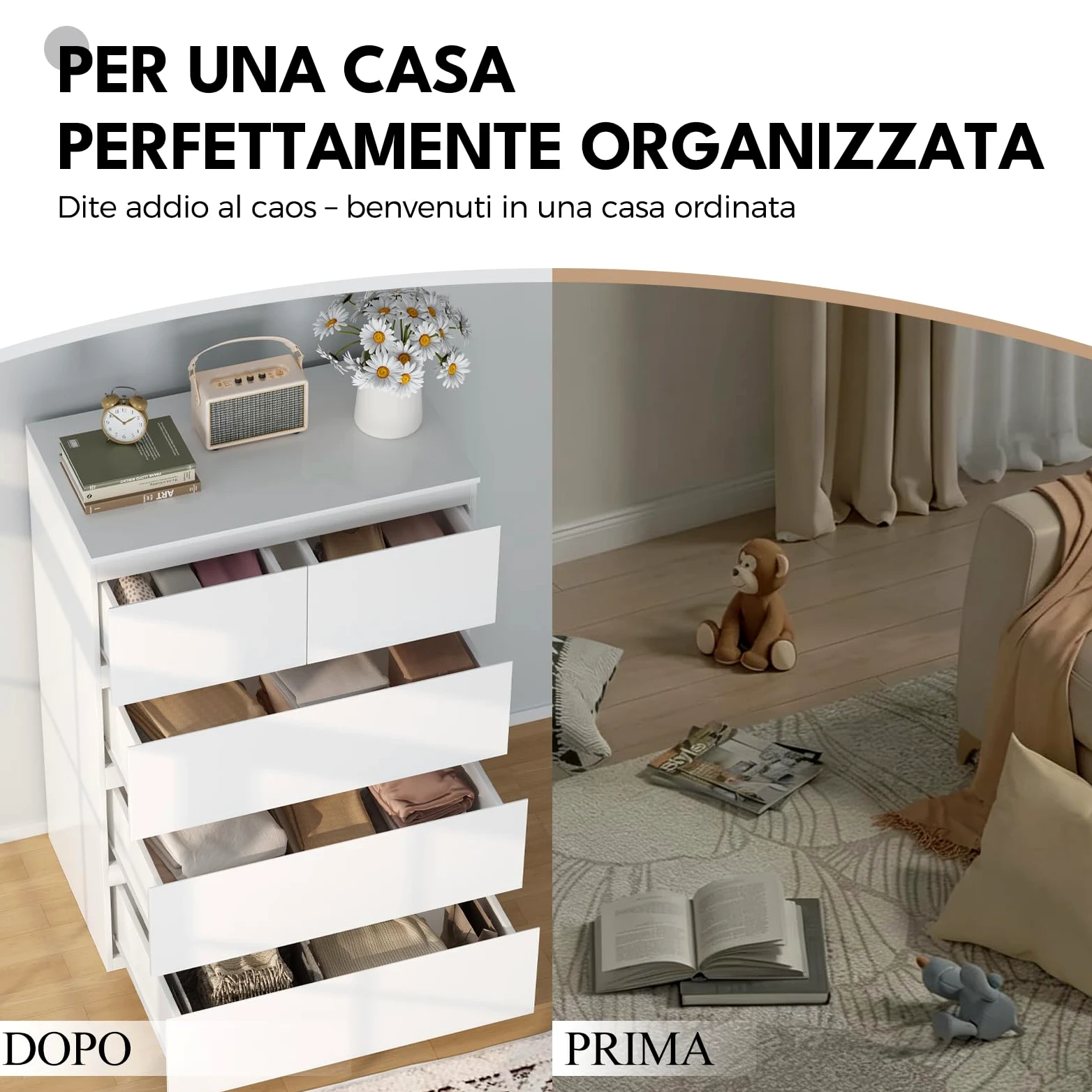 BEWISHOME Cassettiera Camera da Letto Moderna,Settimino con 5 Cassetti,Cassettiera Bianca,Salvaspazio,Mobile Camera da Letto per Soggiorno,Bagno e Ingresso,68x38x94 cm,EKCG07W