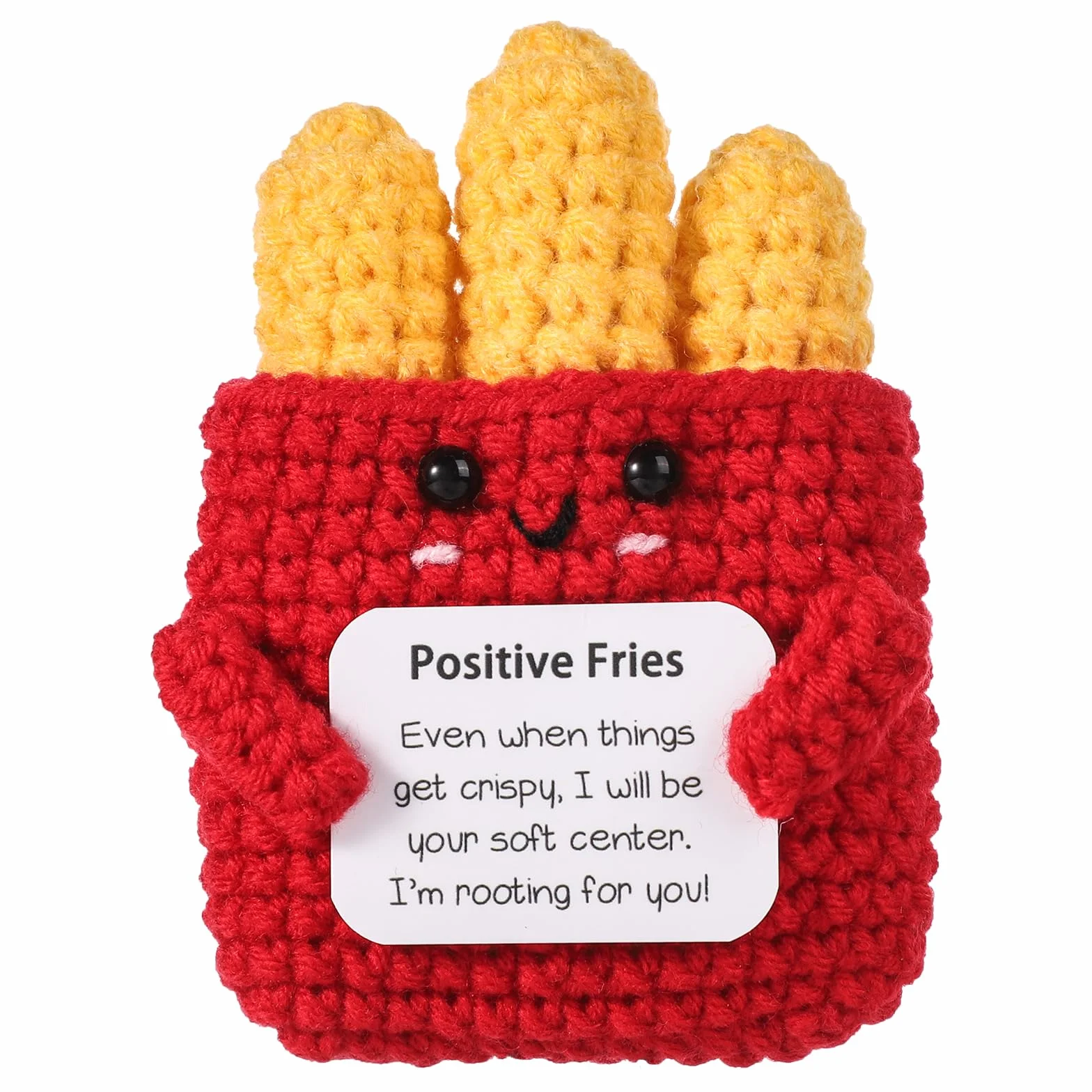 Mini Patatine Fritte Positive, 9cm Patatine Fritte a Maglia di Sostegno Emotivo Giocattolo Peluche Positivo con Carta Creativa Bambola all'Uncinetto Regalo di Incoraggiamento per Bambini Amici