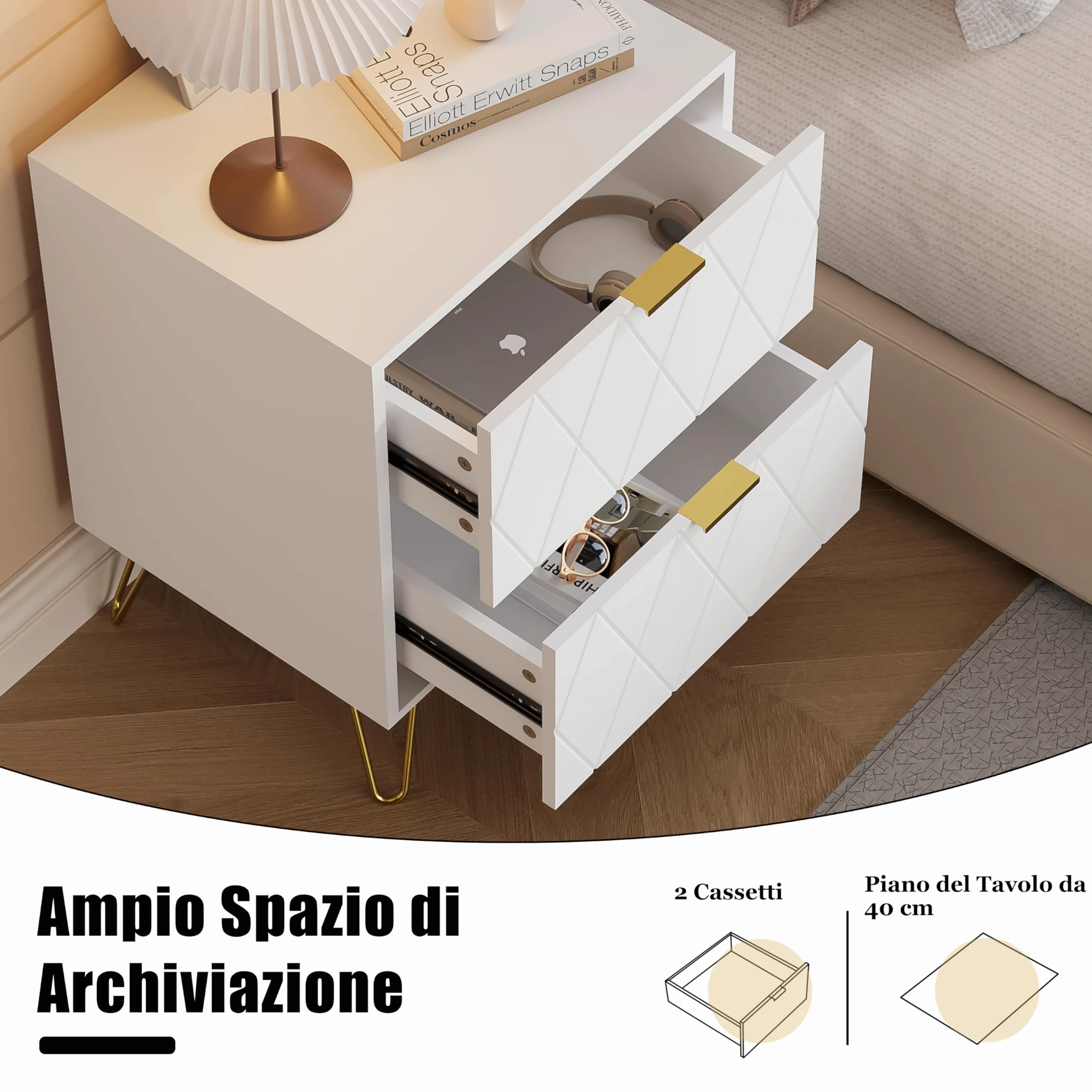 UEV Comodino Bianco Set di 2, Tavolini con 2 Cassetti in Legno ingegnerizzato Robusto, Comodino Piccolo Moderno con Maniglie e Gambe in Oro Cromato per Camera da Lett, 40 x 30 x 52 cm, Bianco