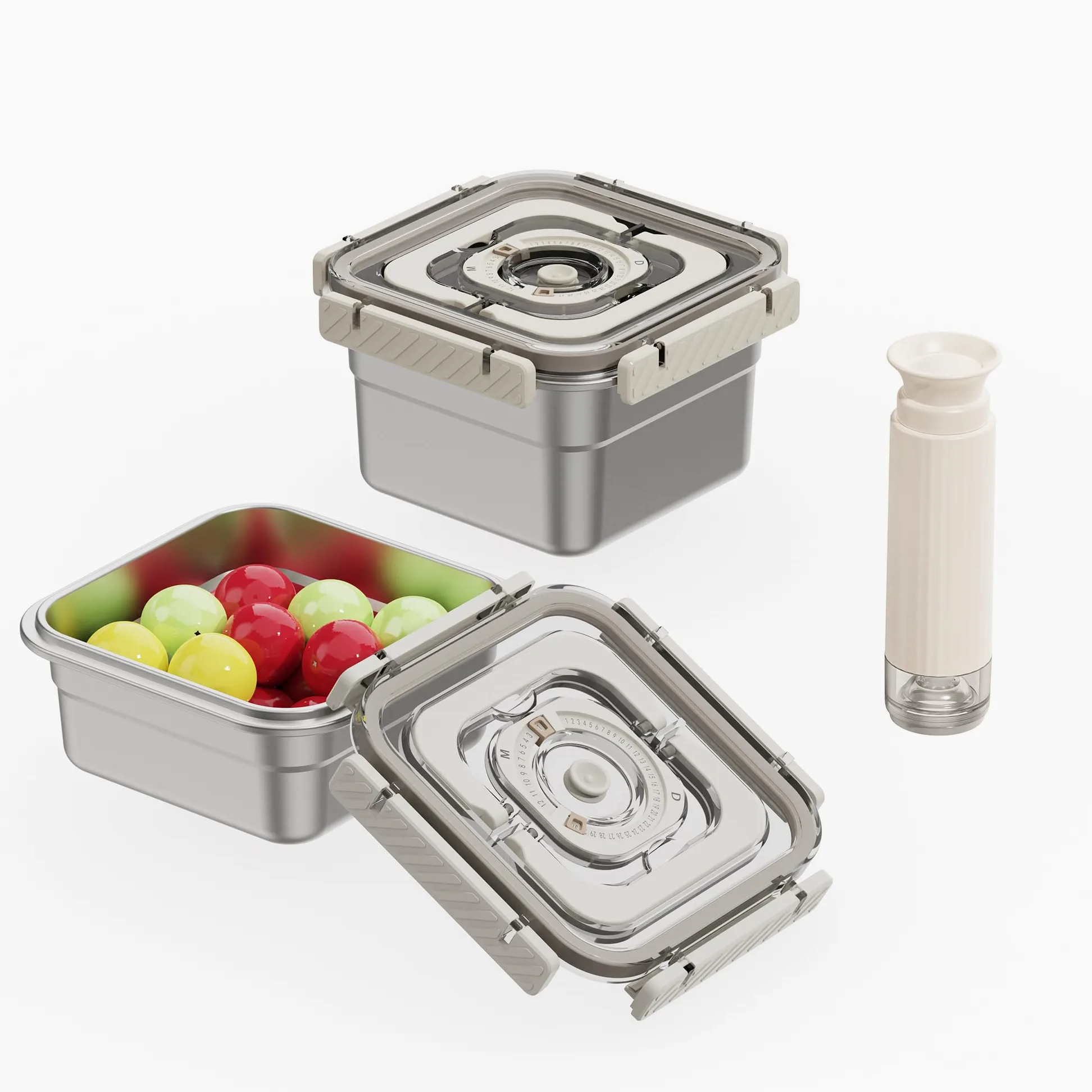 Sistema Sottovuoto Acciaio Inox con Pompa Manuale - Set da 2 Contenitori in Acciaio Inox (1250ml+1850ml) - Ermetici per Dispensa, Congelatore e Portavivande - BPA Free, Impilabili