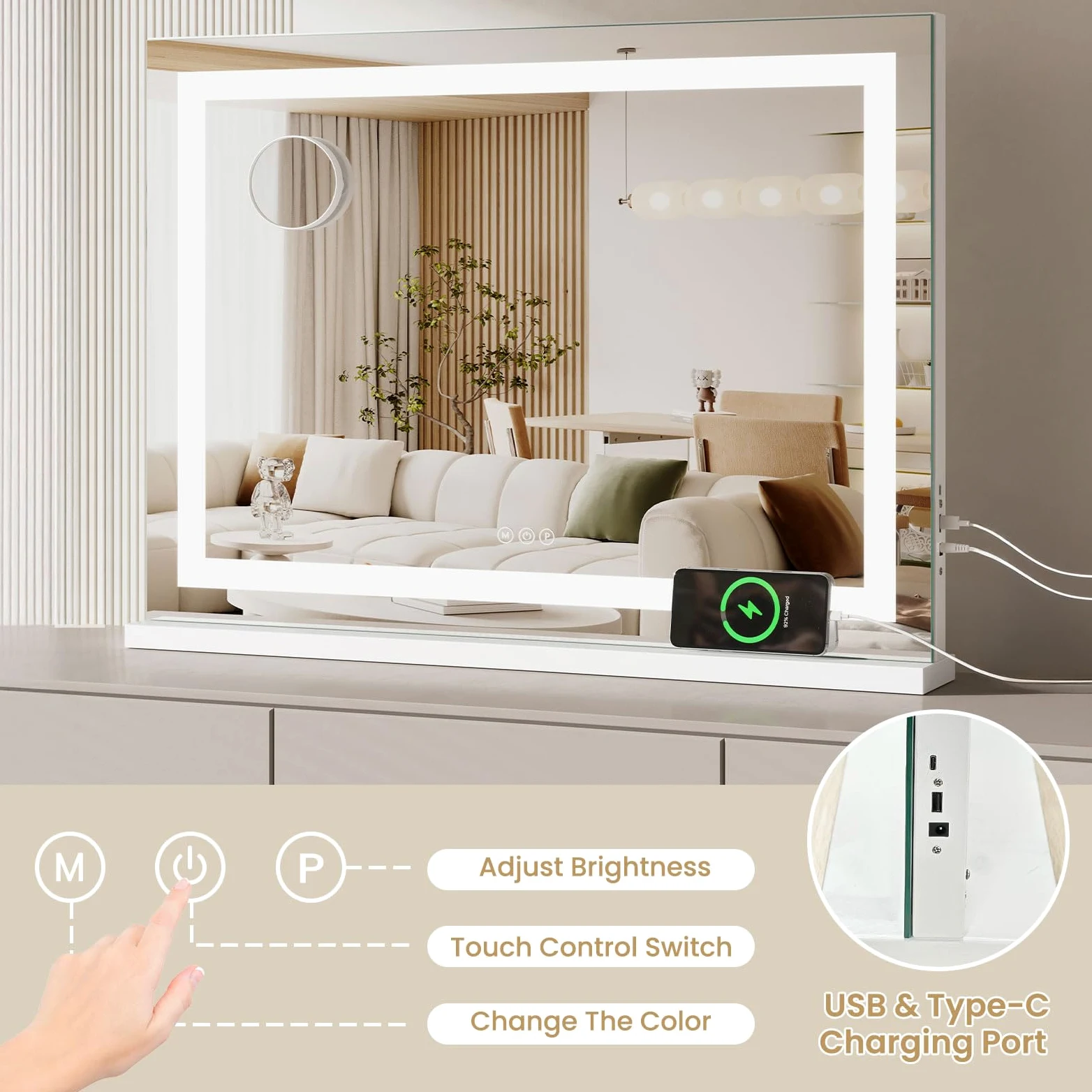 Dripex Specchio da Trucco Illuminato a LED, 80x58 cm (L x H), Controllo Tattile, 3 Modalità di Colore della Luce, Luminosità Regolabile, Include Specchio d'Ingrandimento, da Tavolo o da Parete, Bianco