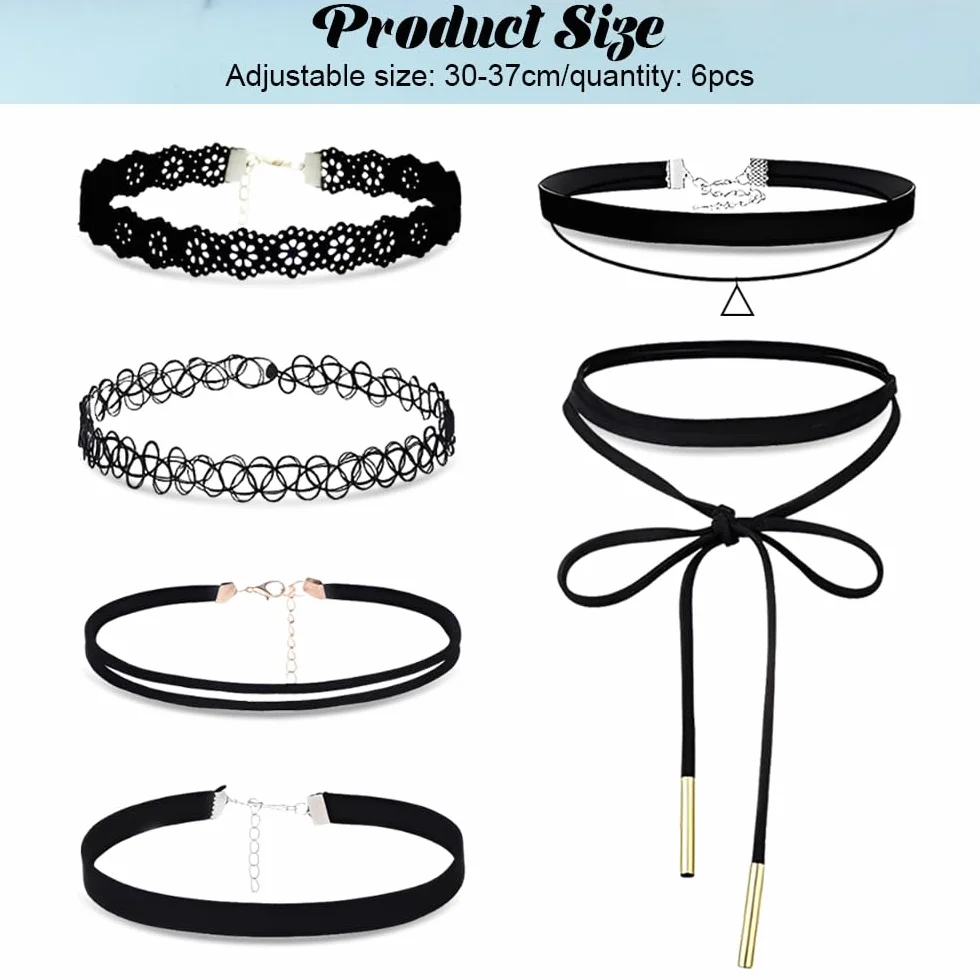 Choker Donna Collana Girocollo Gotica Nera Elegante Halloween Punk Catena a Clavicola 6 Pezzi