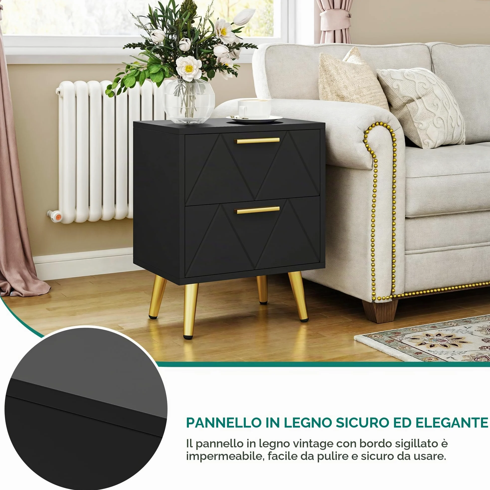 YITAHOME Set di 2 comodini con 2 cassetti, piccolo comodino con contenitore, comodino per soggiorno, camera da letto, ufficio, nero e oro, 40 x 30 x 52 cm, nero e oro