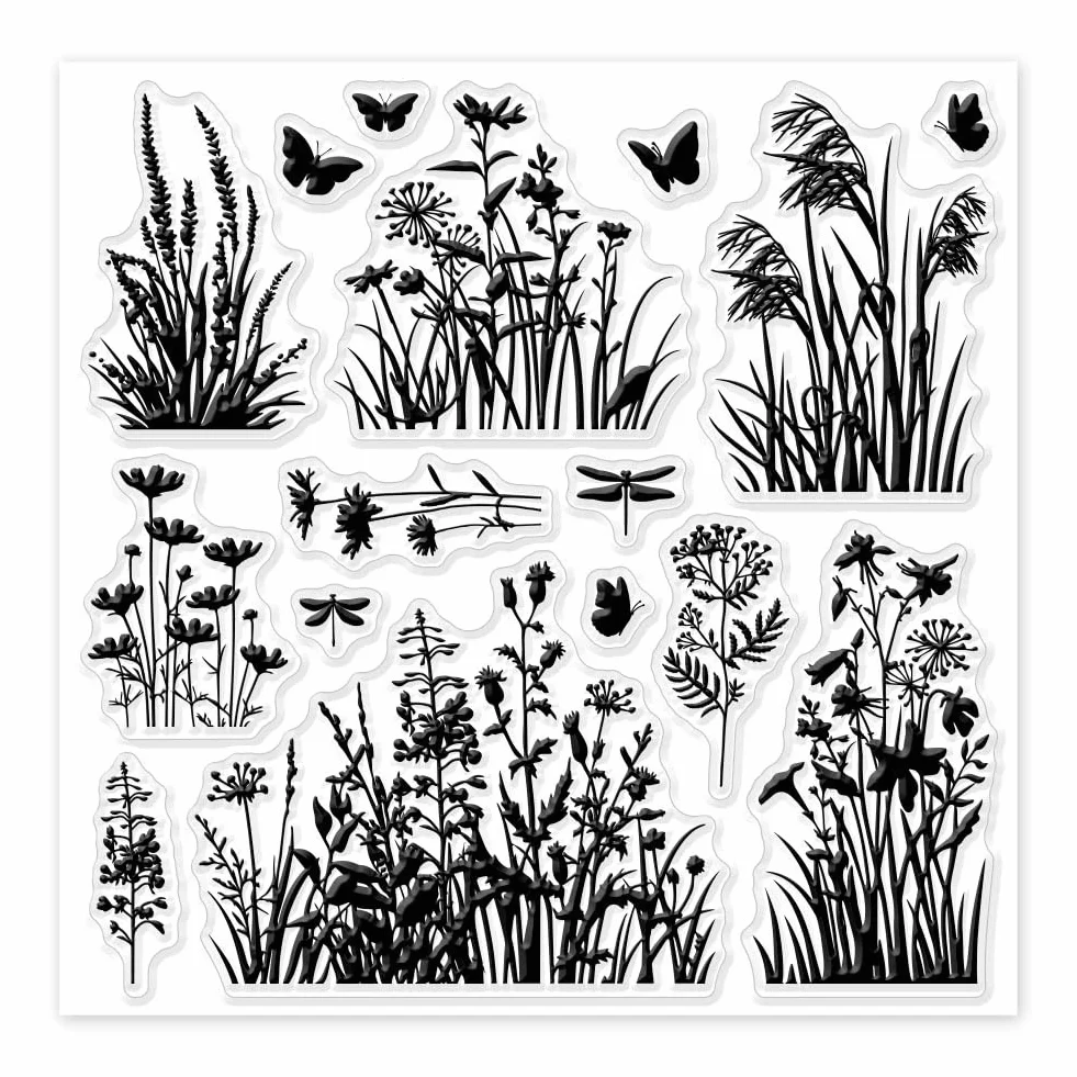 GLOBLELAND Fiori Canne D'Erba Timbri Trasparenti per Fai Da Te Scrapbooking Fiori di Campo Sigilli per Timbri Trasparenti In Silicone 15x15 cm Francobolli Trasparenti per Carte Produzione Diario
