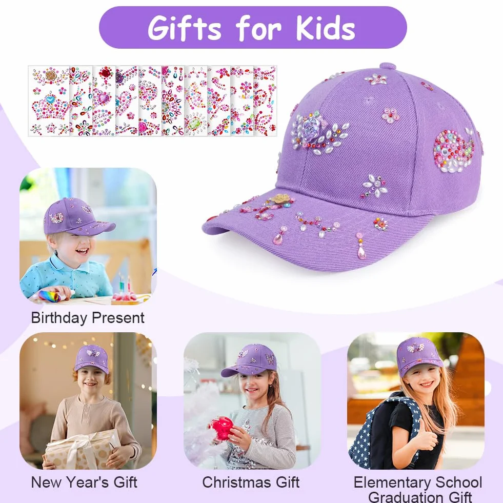 Aomig Cappello Baseball Bambino, Berretto Bambino con Visiera Regolabile, Cappellino da Baseball con Adesivi Strass Estivo Cappello con Visiera Bambini per Protezione UV, Tinta Unita(Viola)