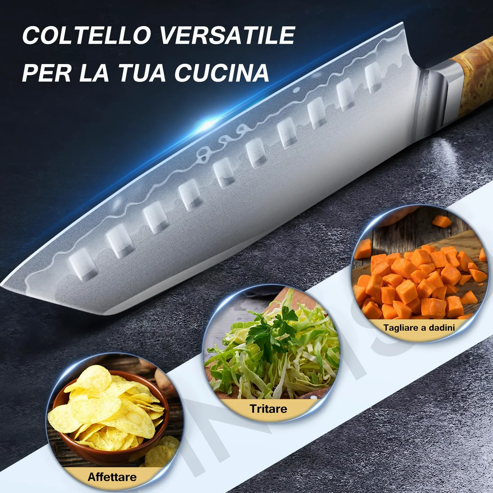 FINTISO Coltello Santoku da 18 cm, Coltello da Chef Giapponese Ultra Affilato con Nucleo in Acciaio in Polvere S35VN, 7 Strati di Acciaio Laminato, Manico in Resina Celeste e Legno Stabilizzato