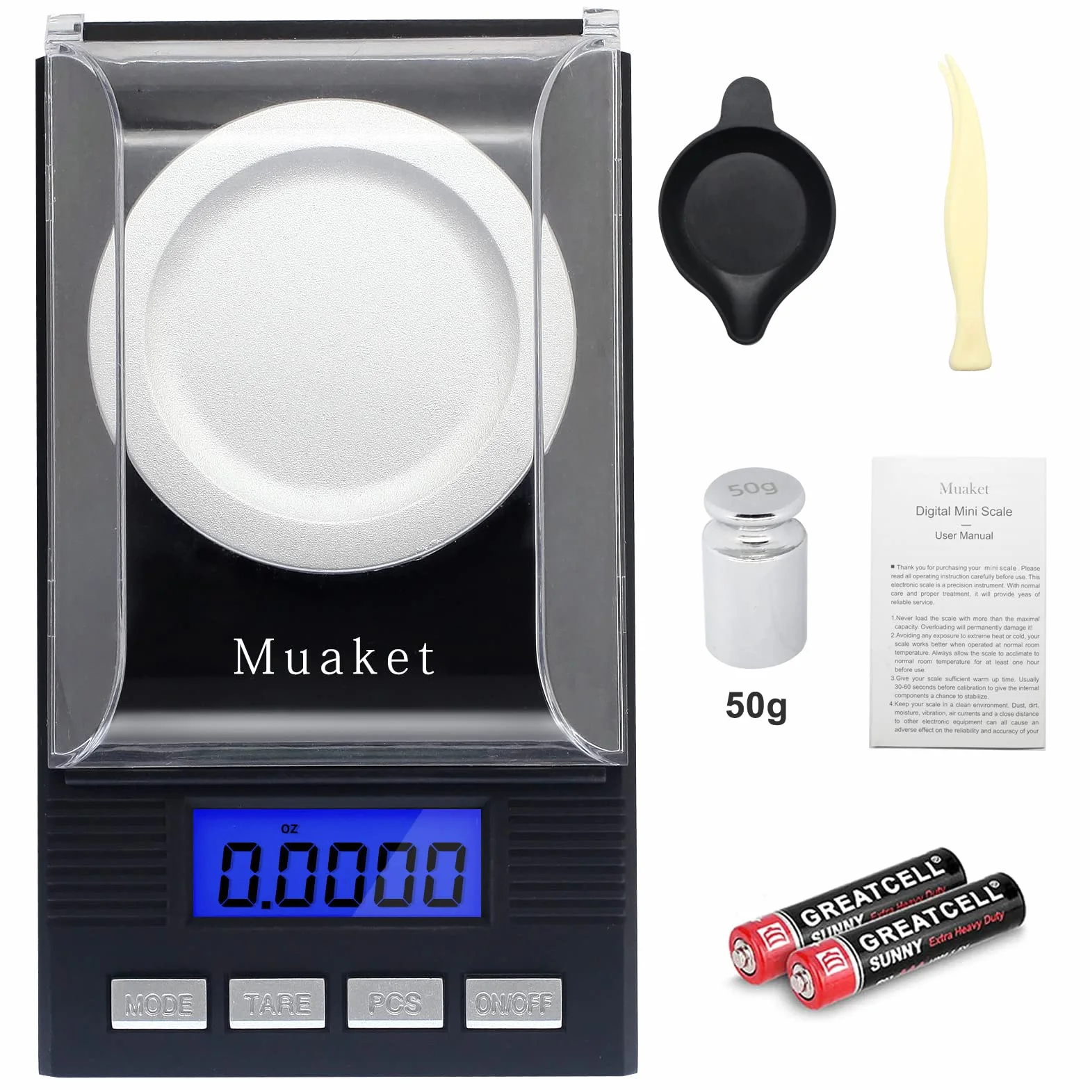 Bilancia Digitale 0,001g/50g, Muaket Precisione Cucina, Milligrammi con Display LCD, Scale con Funzione Tare, Calibrazione Pesi, Piatto di Pesata e 2 x Batterie