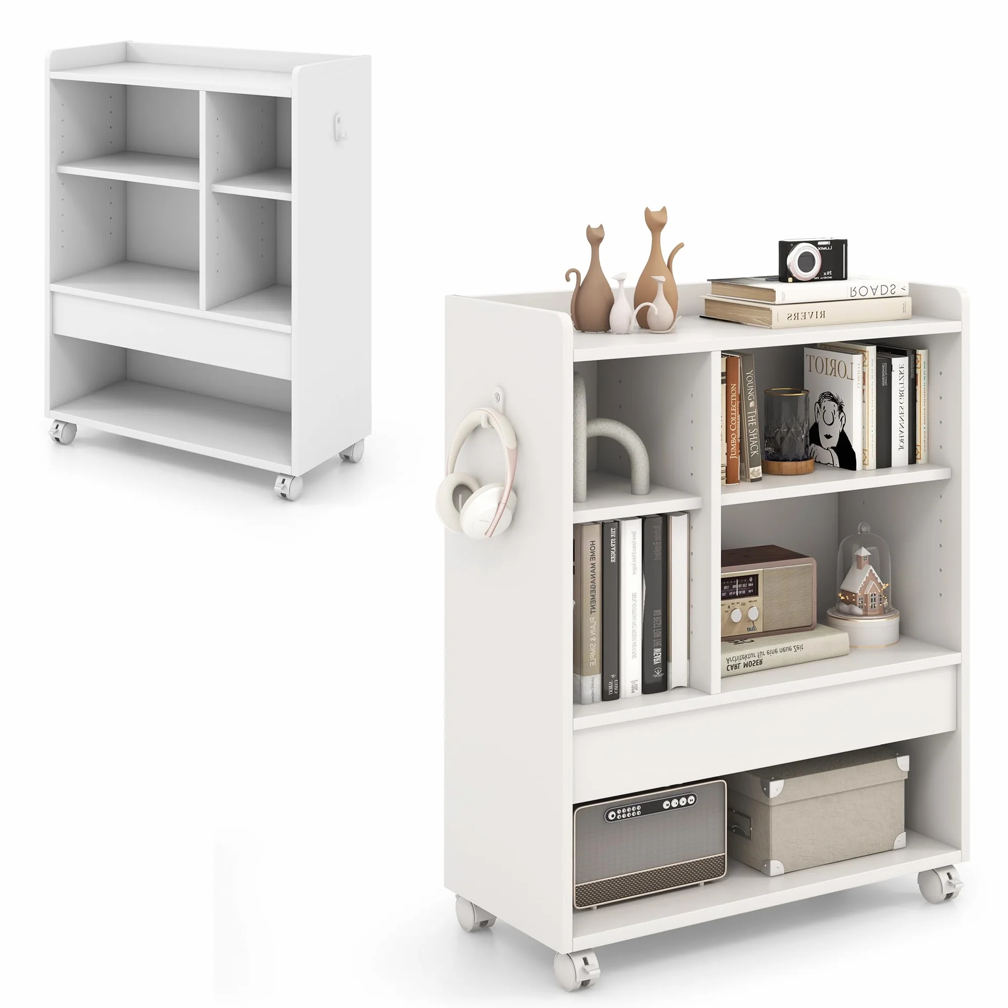 KOMFOTTEU Mobile Porta Stampante con Cassetto, Ganci, Protezione Bordo, Ripiani Regolabili, e Ruote Bloccabili, Schedario da Ufficio in Legno， Mobiletto da Archivio, 63,5 x 30 x 84,5 cm (Bianco)
