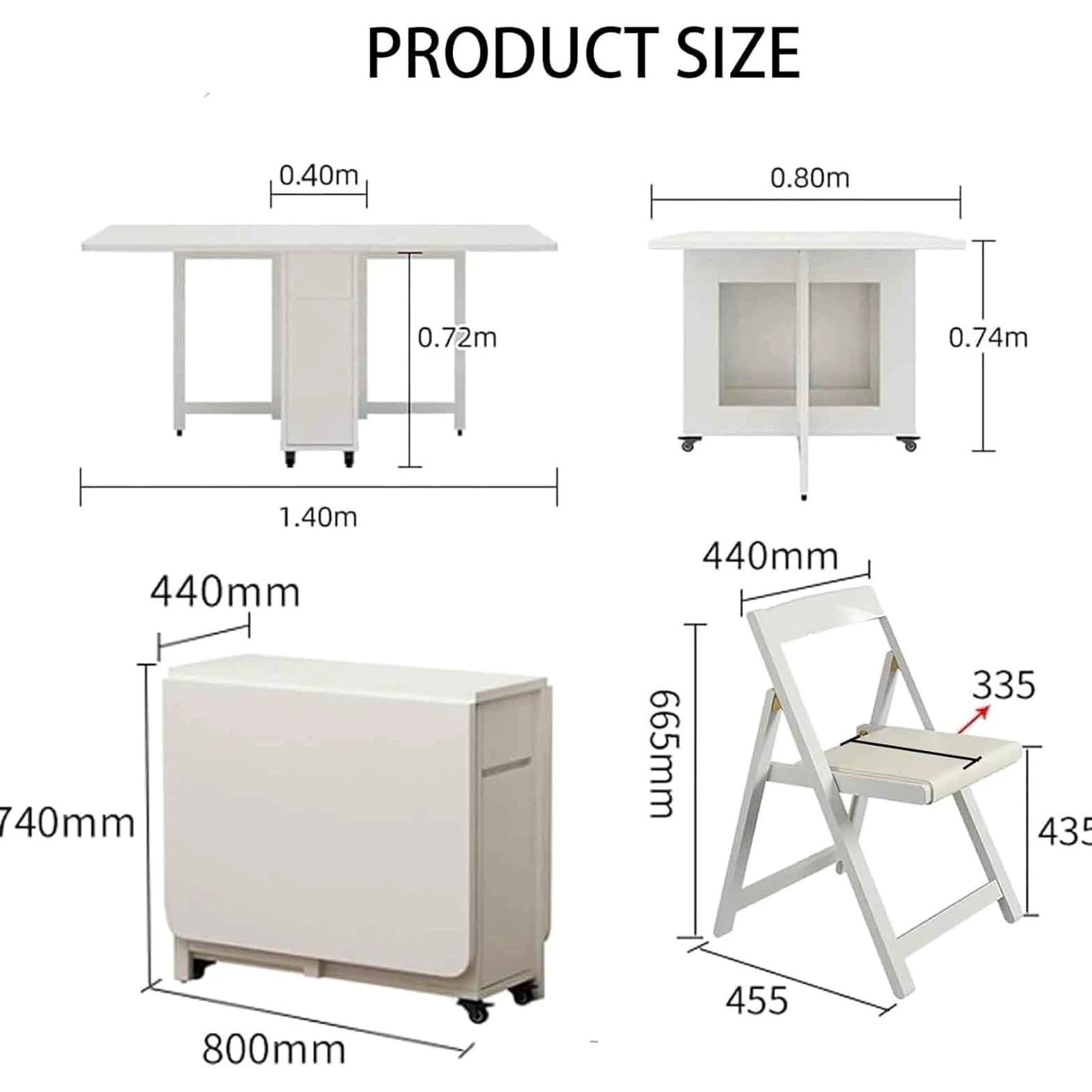 Set Tavolo da Pranzo Pieghevole in Legno Massello, Tavolo Industriale con Ribalte con 4 Sedie e Cassetto Tavoli Allungabili a Scomparsa Multifunzionali for Cucina Soggiorno(White)