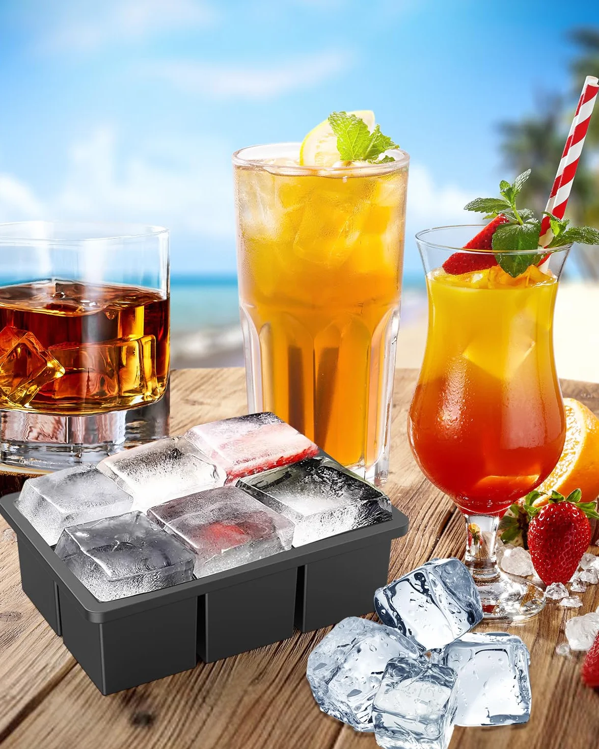 Stampo Ghiaccio Grande Silicone con Coperchio 2 Pezzi, Senza BPA, Impilabile per Whisky Cocktail Succo Gelato