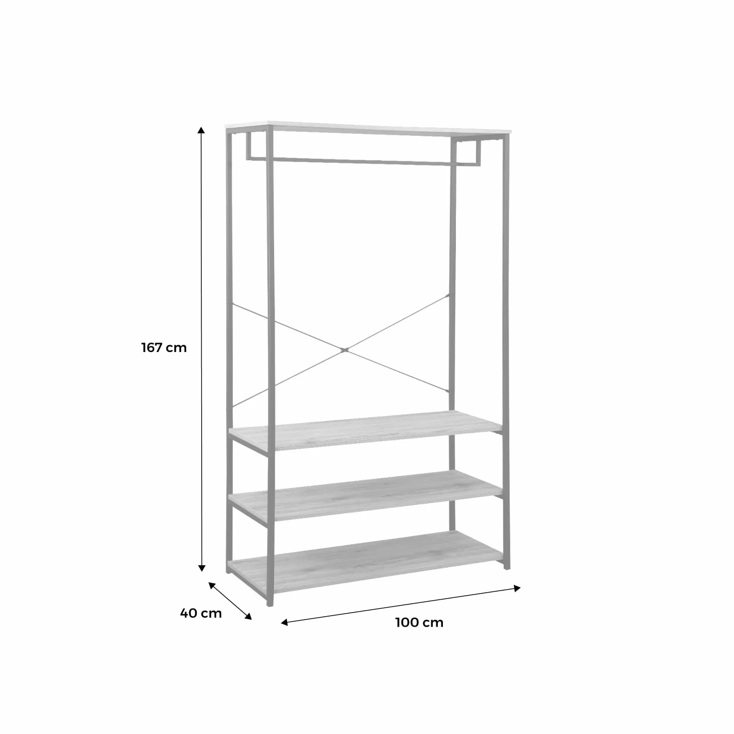 Spogliatoio, guardaroba, arredamento in metallo nero e legno, soppalco, 3 ripiani, un binario per armadio L 100 x L 40 x H 167cm
