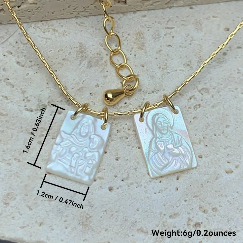 Collana con Scapolare in Madreperla Gesù E Vergine Maria,Collana con Scapolare in Perle Placcata in Oro 14k