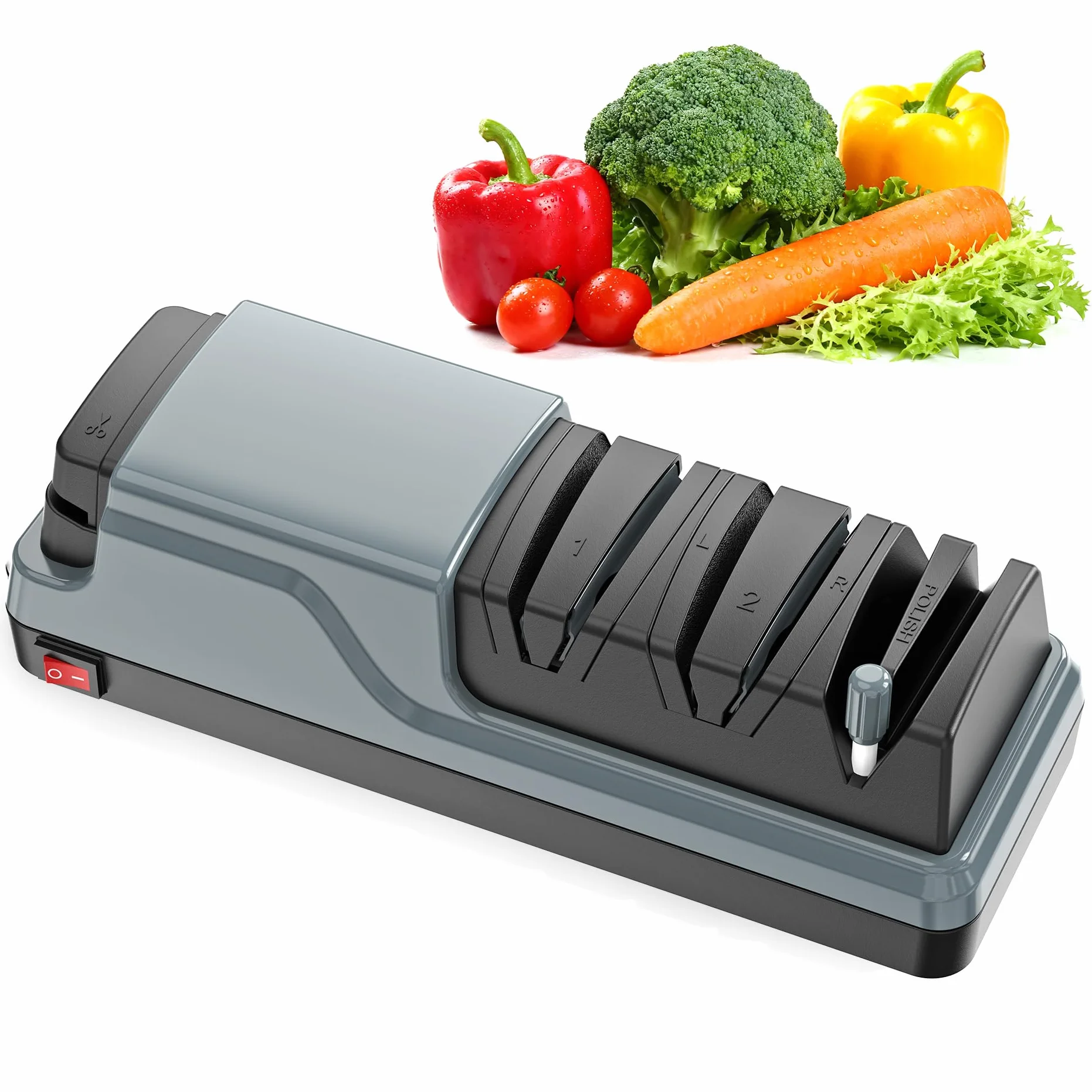 Affilacoltelli Elettrico Multifunzione 5 in 1 Professionale per Coltelli da Cucina e Forbici, Grigio scuro