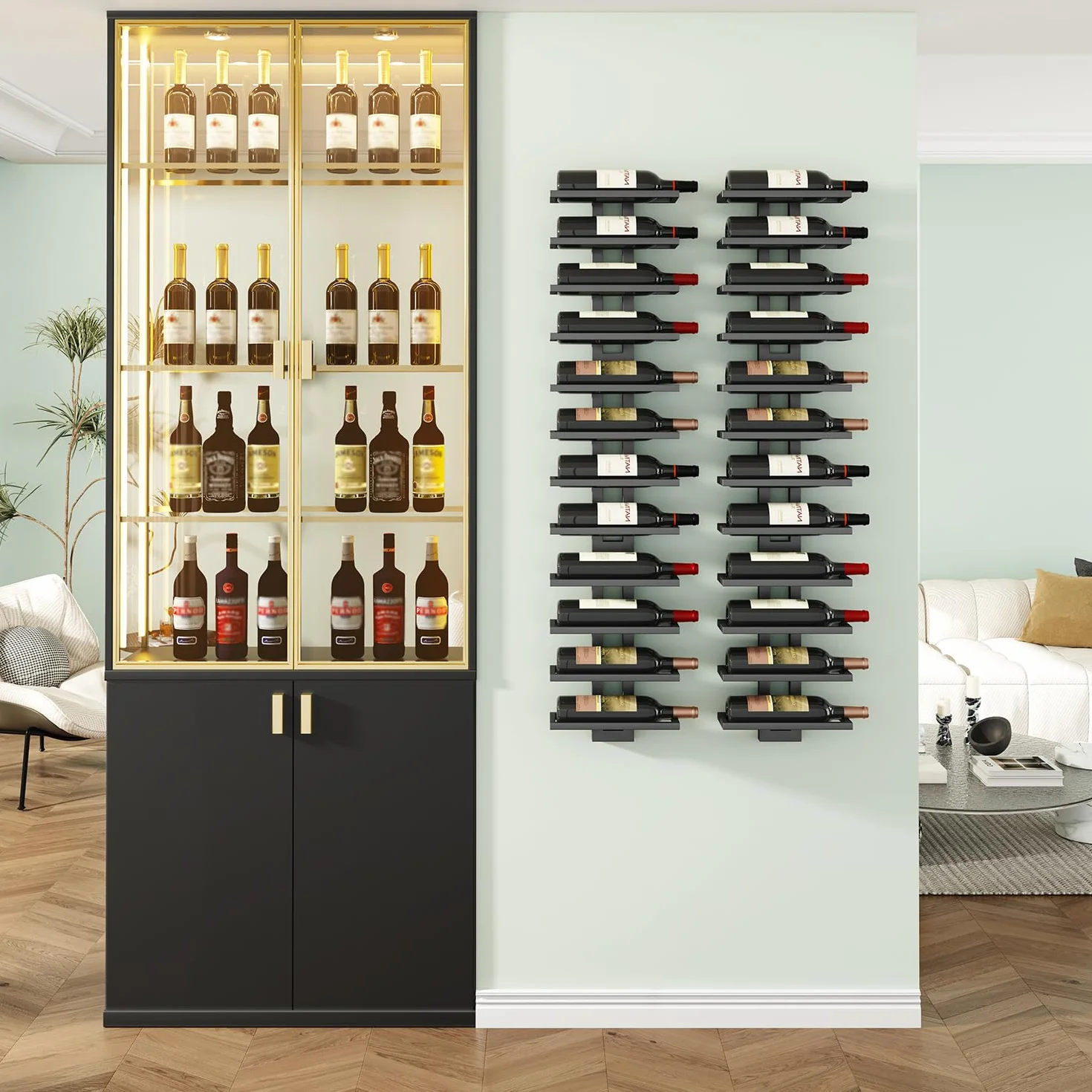 IBUYKE Porta Vino da Parete per 12 Bottiglie,Portabottiglie Vino in Metallo per Liquori, Champagne,Organizer Espositore Rimovibile fai da te per sSala da Pranzo,Bar, Cantina, Nero, TMJ909B