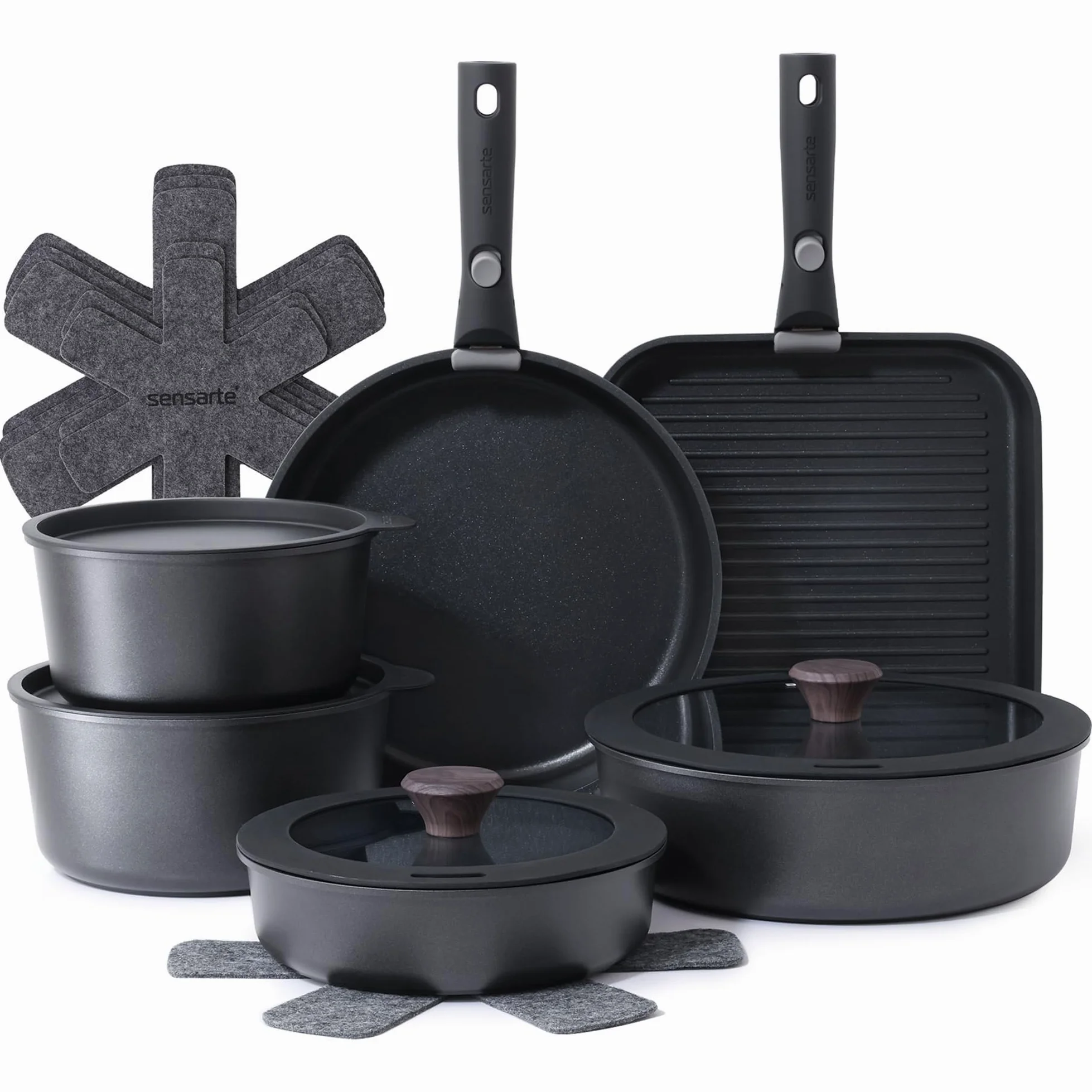 SENSARTE Set di Pentole 17 Pezzi con Manici Rimovibili, Antiaderente in Granito, Compatibile con Induzione e Gas, Include Padelle, Casseruole e Grill, Impilabile e Lavabile in Lavastoviglie