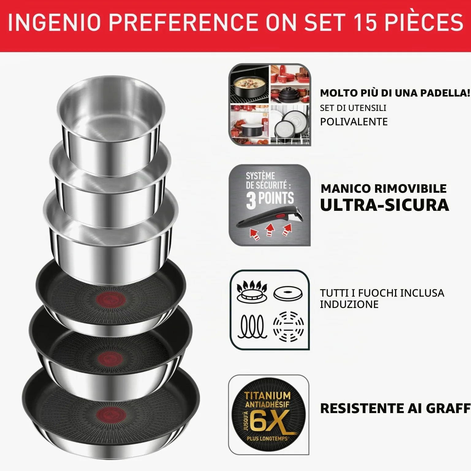 Tefal Ingenio Preference ON L9749532 - Set di pentole e padelle, impilabili, con manico rimovibile, salvaspazio, antiaderenti, a induzione, in acciaio inox, 15 pezzi