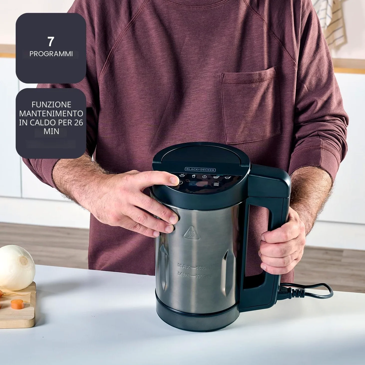 BLACK+DECKER BXSM1000E - Soup Maker 1040W | Caraffa Inox 1,6L | 7 Programmi Automatici | Smoothies, Compote & Zuppe | Funzione Mantenimento Caldo | Schermo Digitale | Materiali Senza BPA