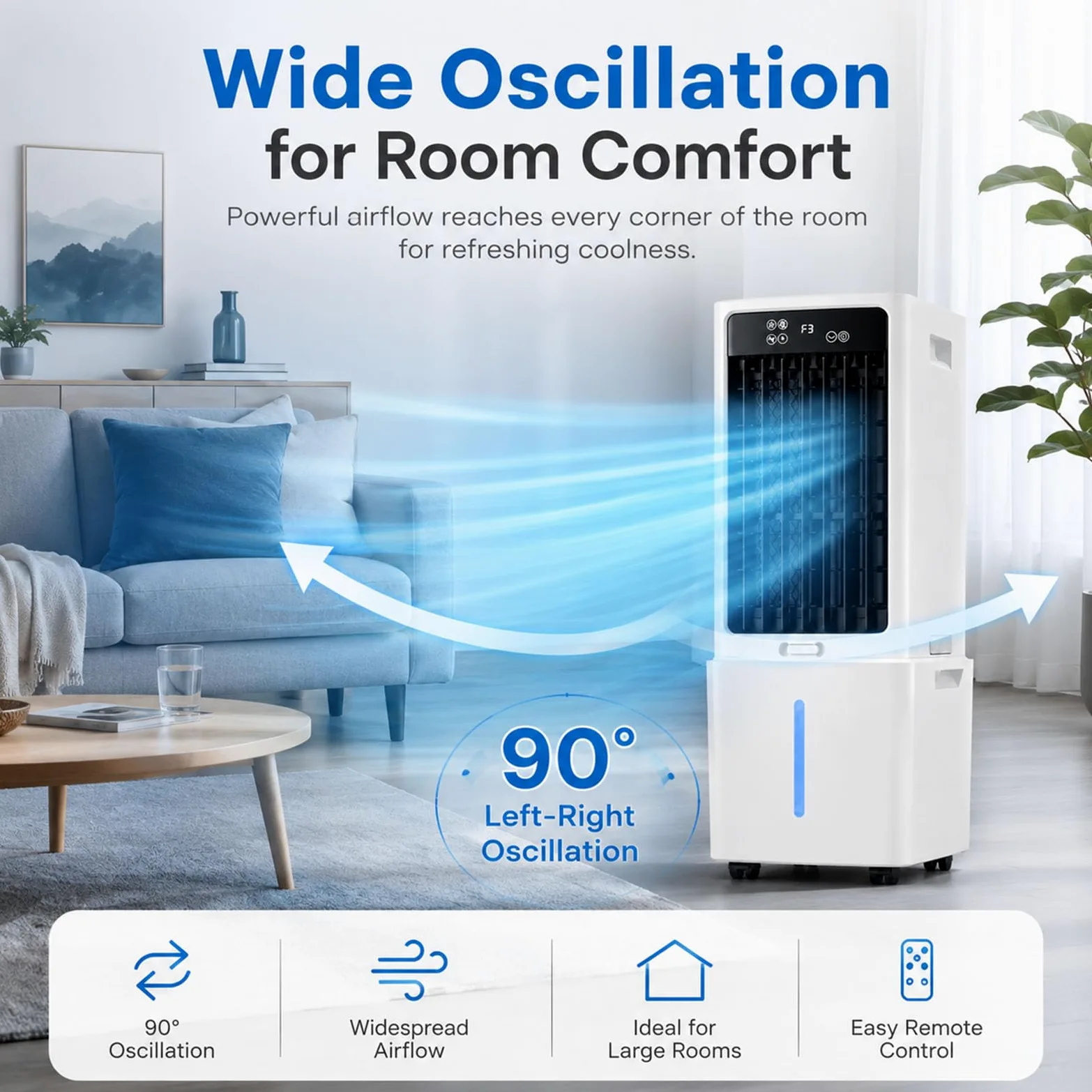 Rinfrescatore Evaporativo 12L, Ventilatore ad Acqua Portatile con Telecomando, Climatizzatore Silenzioso con 4 Panetti di Ghiaccio, Timer 12H, 3 Velocità, per Camera da Letto, Ufficio e Casa