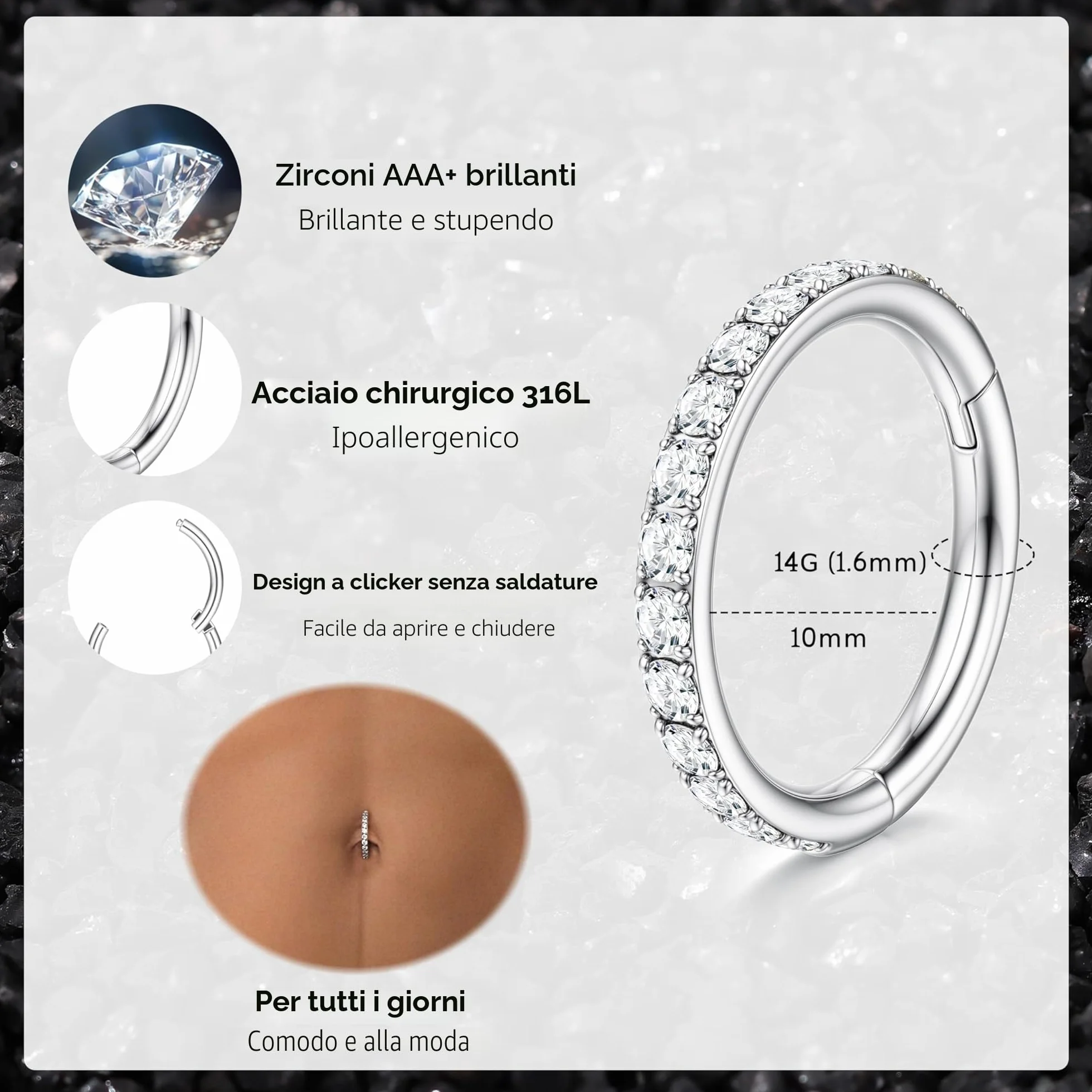 Diamday 2 Pezzi 14G Piercing Ombelico Acciaio Chirurgico Donna Pendenti Anello Farfalla Cuore Stella Argento Gioielli