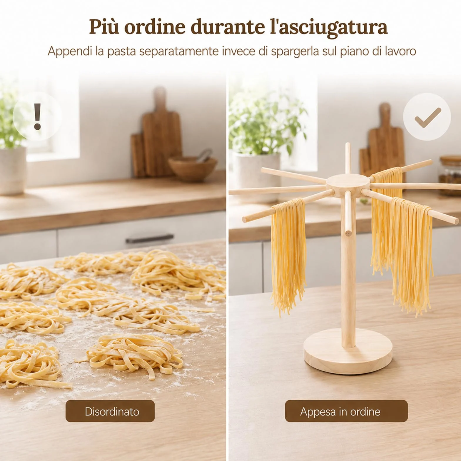 Essiccatore per Pasta, Stendi Pasta Fresca in Legno, Essiccatore Pasta Fresca, con 9 Bracci Rimovibili, Riutilizzabili, per L'Essiccazione di Pasta, Noodles Cinesi, Vermicelli, Altezza 40 cm