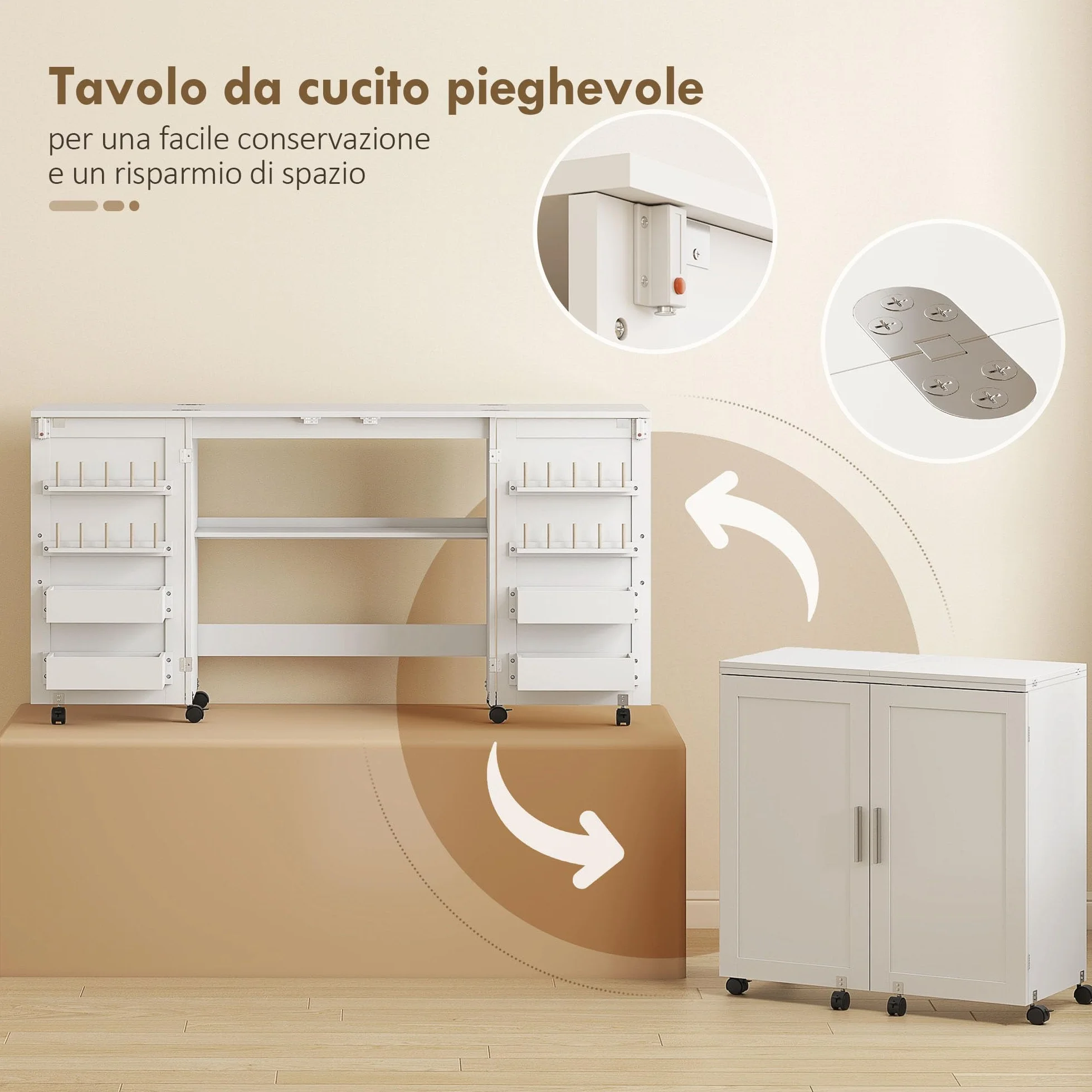 HOMCOM Mobile per Macchina da Cucire Pieghevole a 2 Ante Magnetiche, Tavolo per Macchina da Cucire Salvaspazio con Ripiani Portaoggetti, 20 Pioli per Bobine, Ruote a Freno, Armadio da Cucito, Bianco