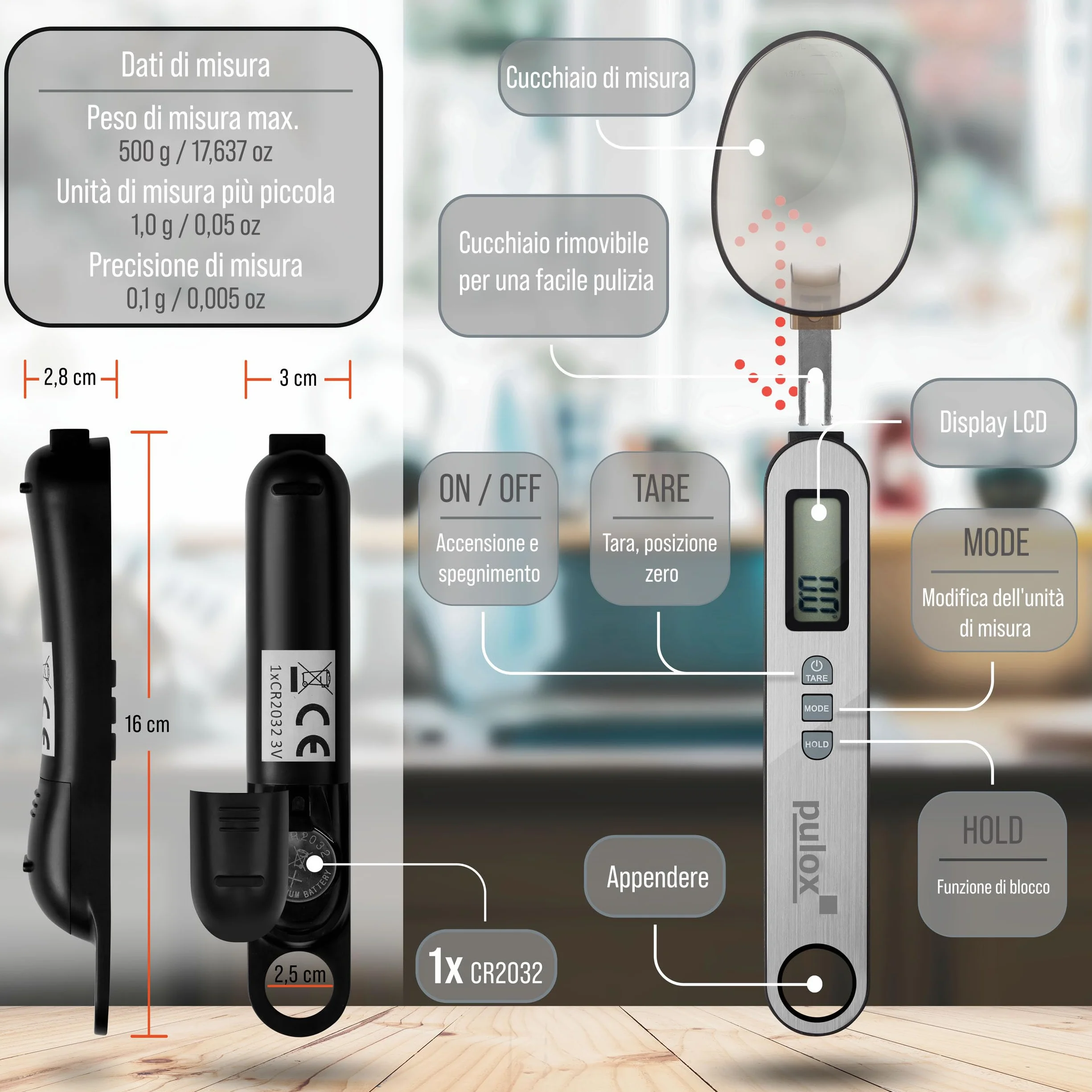 Pulox Bilancia da cucchiaio PLW-200 con tre cucchiai da 25 ml, 45 ml e 180 ml da 0,1 g, portata fino a 500 g, bilancia da cucina digitale, bilancia fine