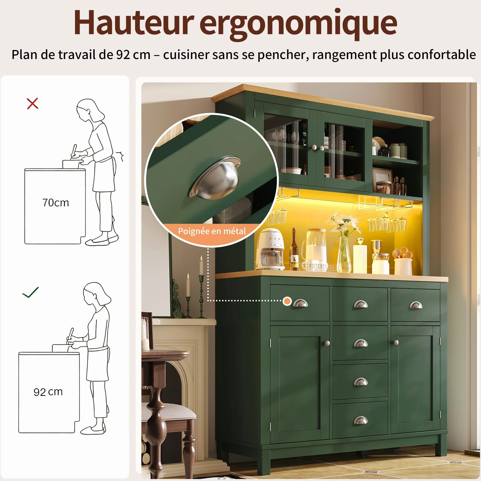 Credenza laterale/Armadietto/Armadietto da cucina/Buffet, 104 x 40 x 180 cm, stile country, 4 ante, con striscia luminosa a LED e portabevande, verde.