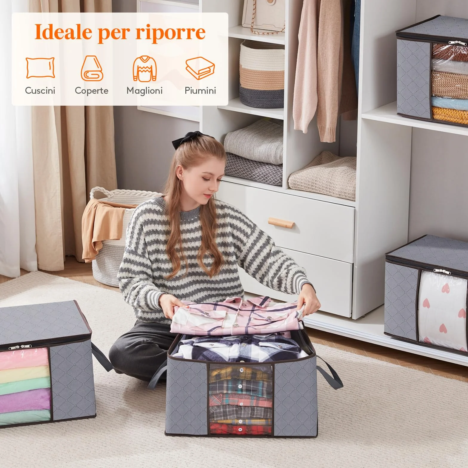 Lifewit Scatole per Vestiti, Contenitori per Armadio Pieghevole, Scatole per Armadio, Scatoloni trasloco, Organizzatore armadio per Vestiti, Coperte, Piumoni, Grigio Chiaro, 50 L, 4 Pezzi