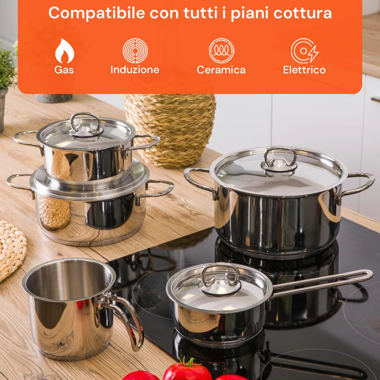Avilia Batteria di 9 Pentole in Acciaio Inox - Set di Pentole con Casseruole e Coperchi in Vari Diametri, Adatti per Tutti i Piani Cottura