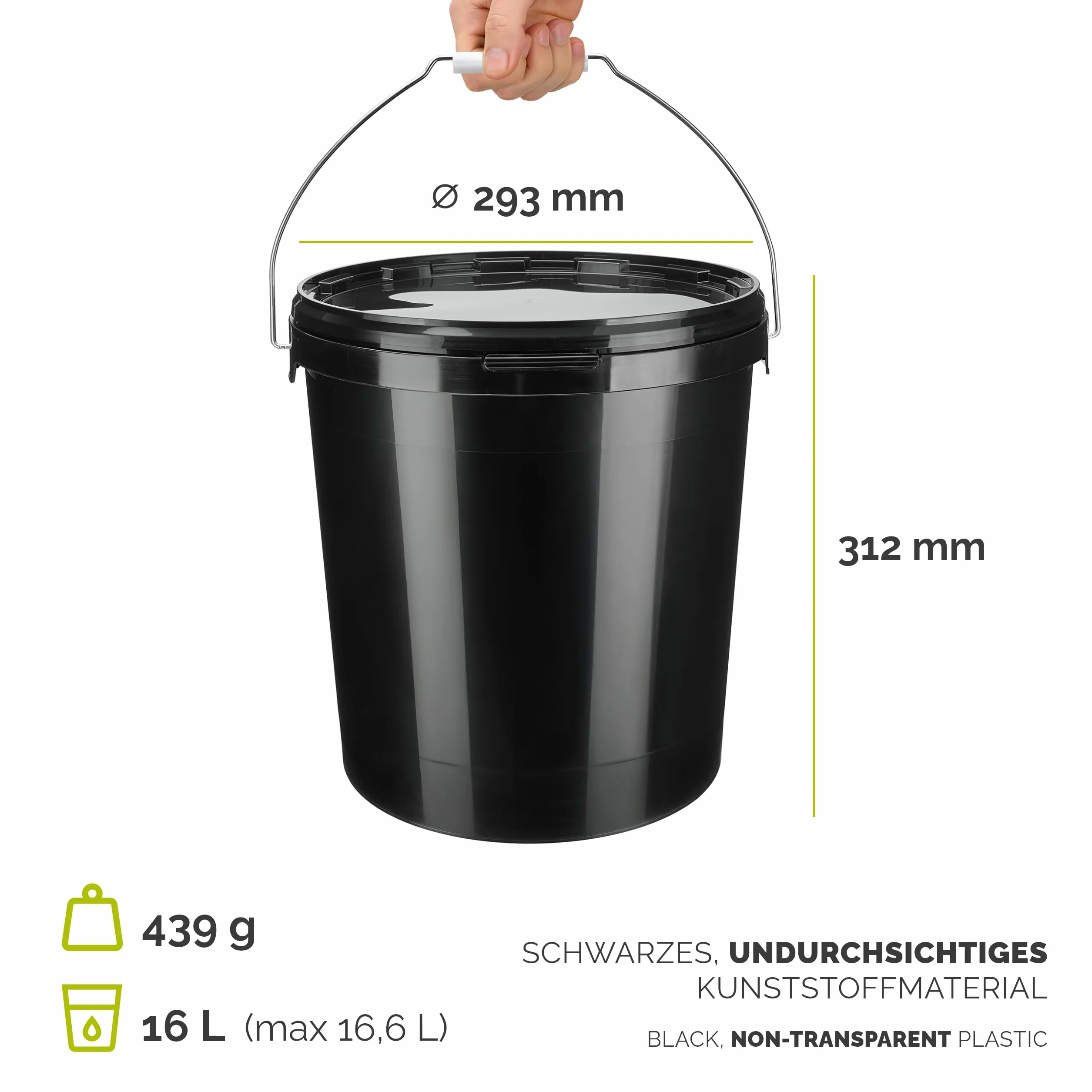 Garronda Secchio con coperchio 16 L per la conservazione di prodotti alimentari e chimici 5 Pezzi Nero GD-0104