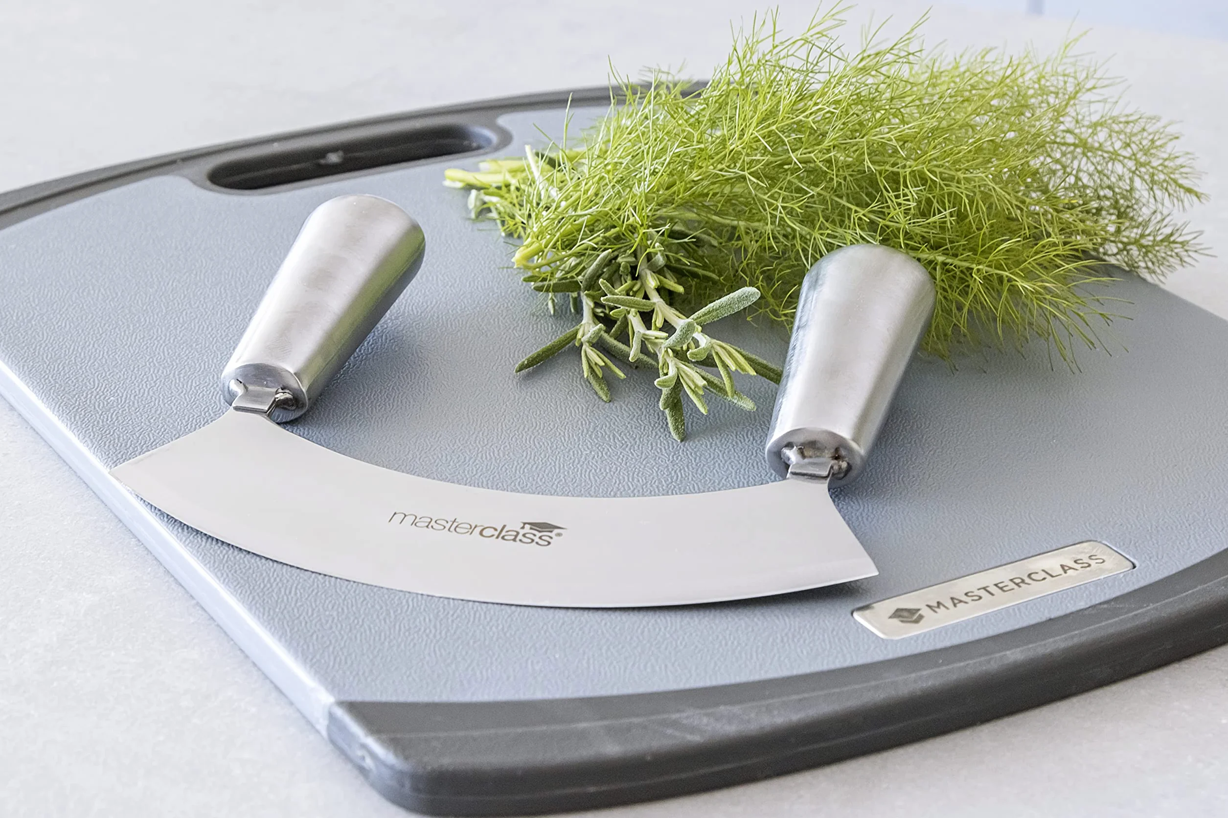 MasterClass Acero Mezzaluna a Lama Singola in Acciaio Inox al Carbonio, Lama Curva per Taglio delle Erbe, 18 cm, Argento