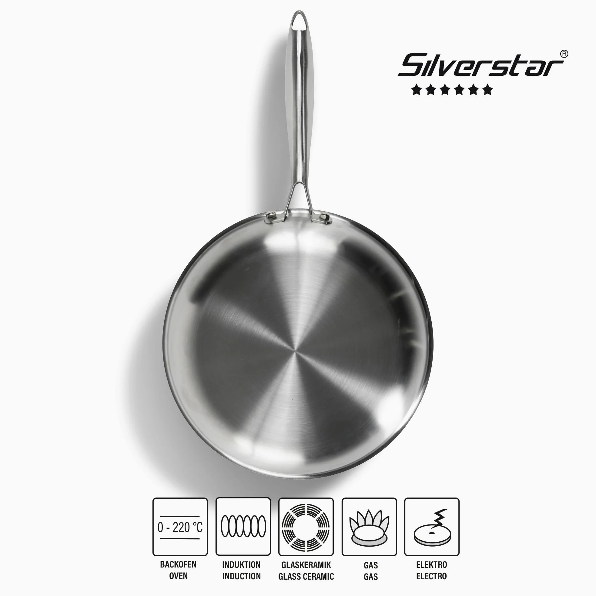 Silverstar Set di padelle in acciaio inox, 20/24/28 cm, con coperchio 24/28 cm, spatola a nido d'ape, antigraffio, antiaderente a induzione, struttura a nido d'ape, per tutti i piani cottura, forno,