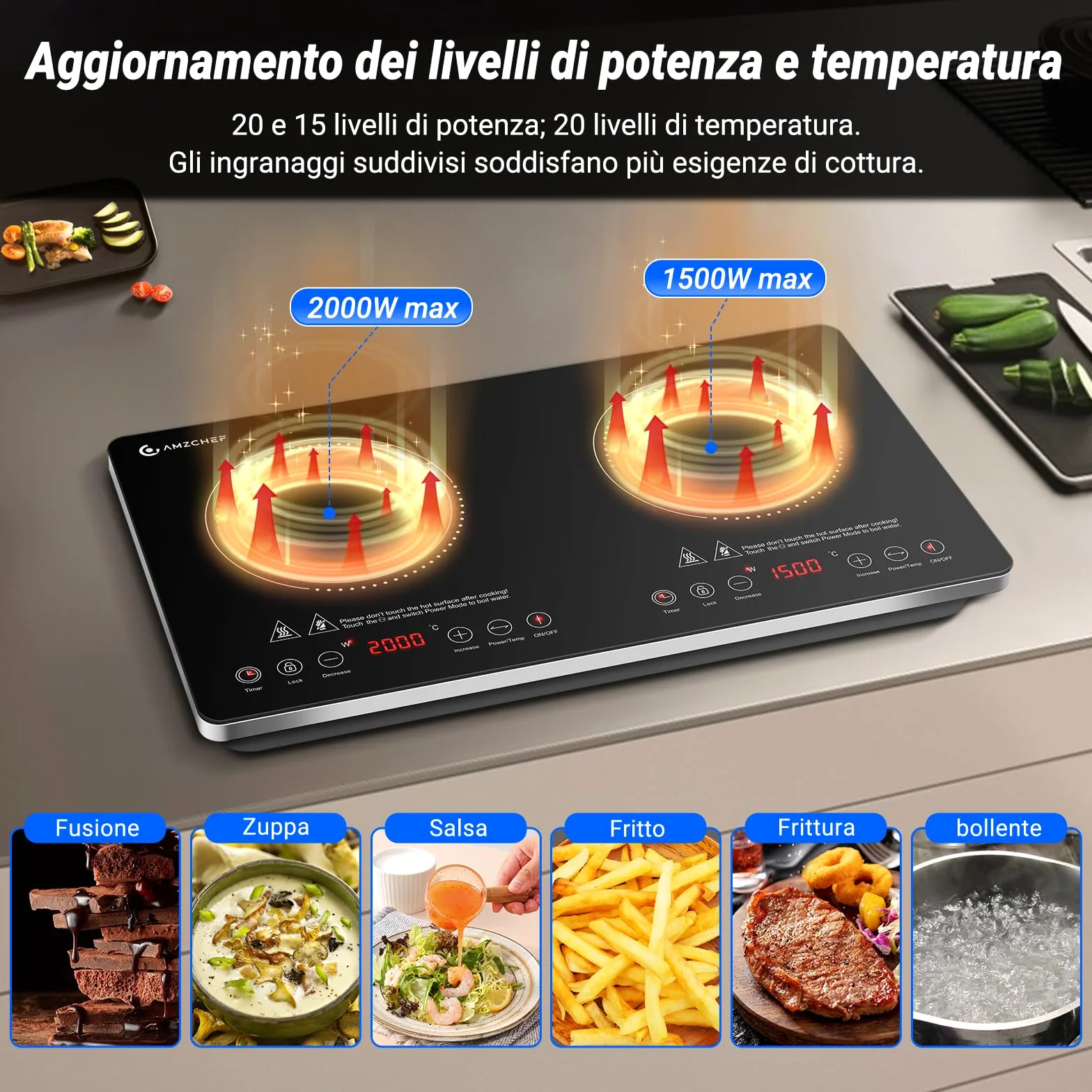 AMZCHEF Piastra Induzione 2 Fuochi Con IGBT Importato, 20 Livelli di Temperatura, 20 e 15 Livelli di Potenza, 3500W Piano Cottura Con Timer di 4 Ore, Blocco di Sicurezza