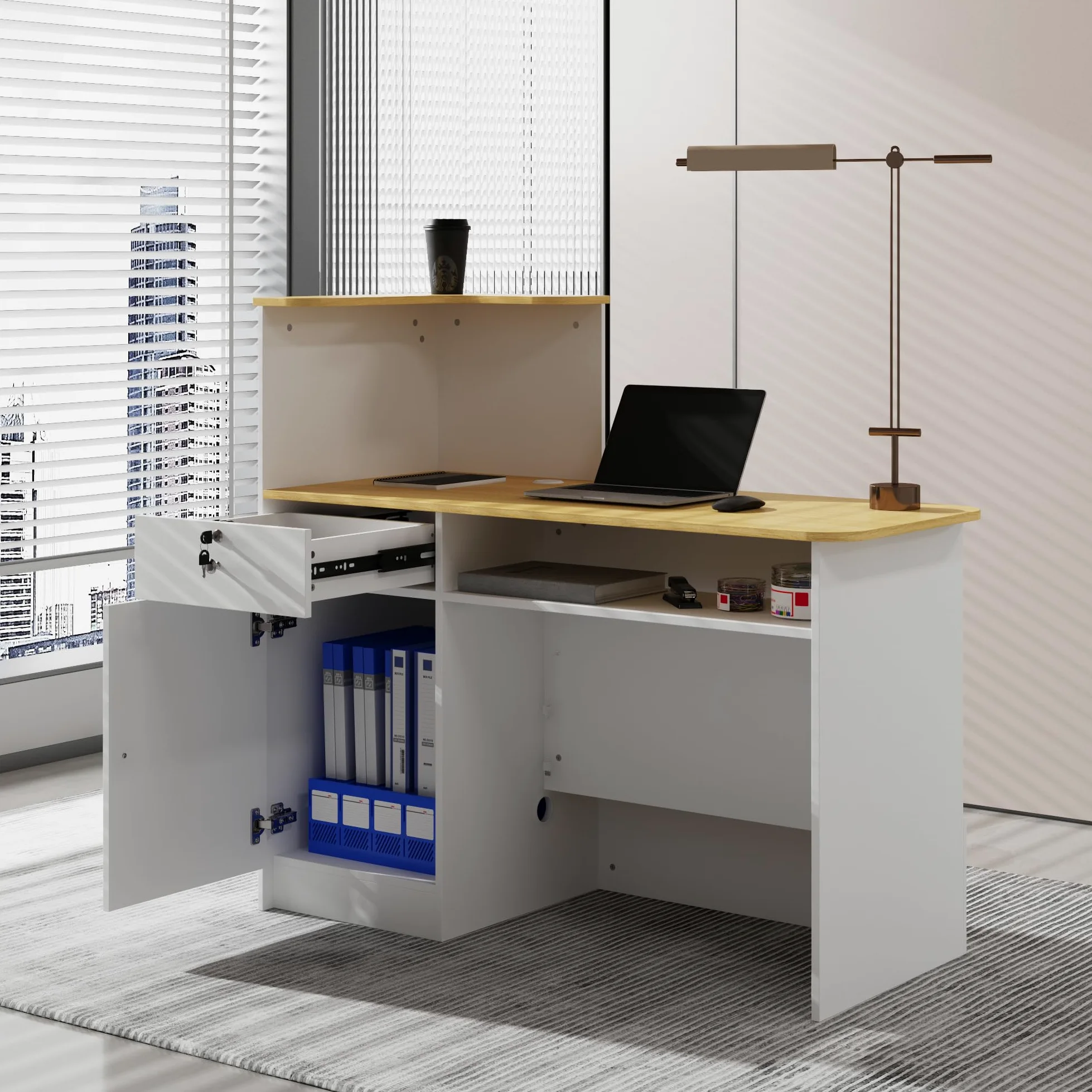 Banco reception, tavolo da reception, bancone con illuminazione a 3 colori, tavolo reception con 1 cassetto e 1 armadio, bancone con area espositiva aperta con 2 scomparti bianco + legno naturale
