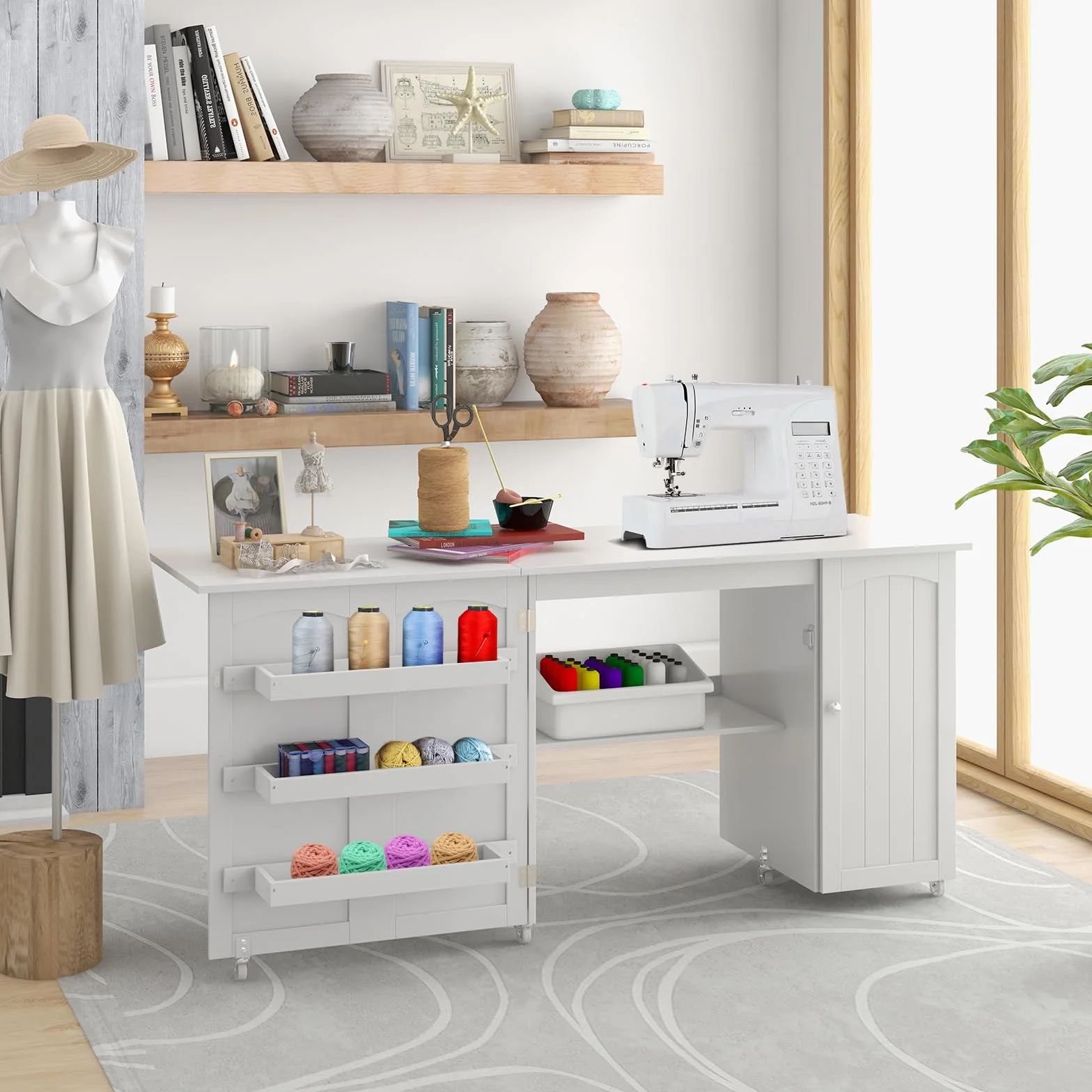 GIANTEX 2 in 1 Mobiletto Cucito Tavolo Cucire Pieghevole con Ruote Armadio Legno Salotto Ufficio 55kg 158,5x50x74cm Bianco