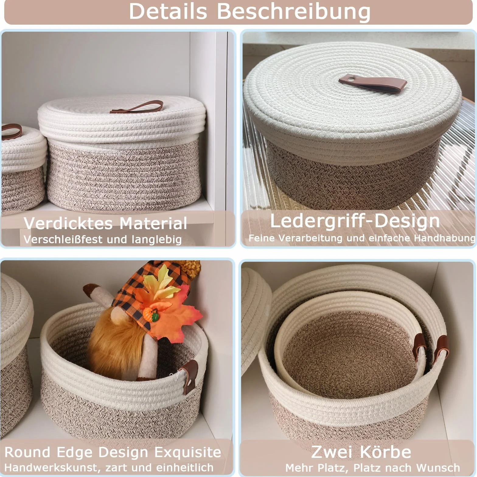 Cestini Portaoggetti con Coperchi 2 Pezzi - Cestino in Corda di Cotone Naturale con Fibbia in Pelle Decorativo