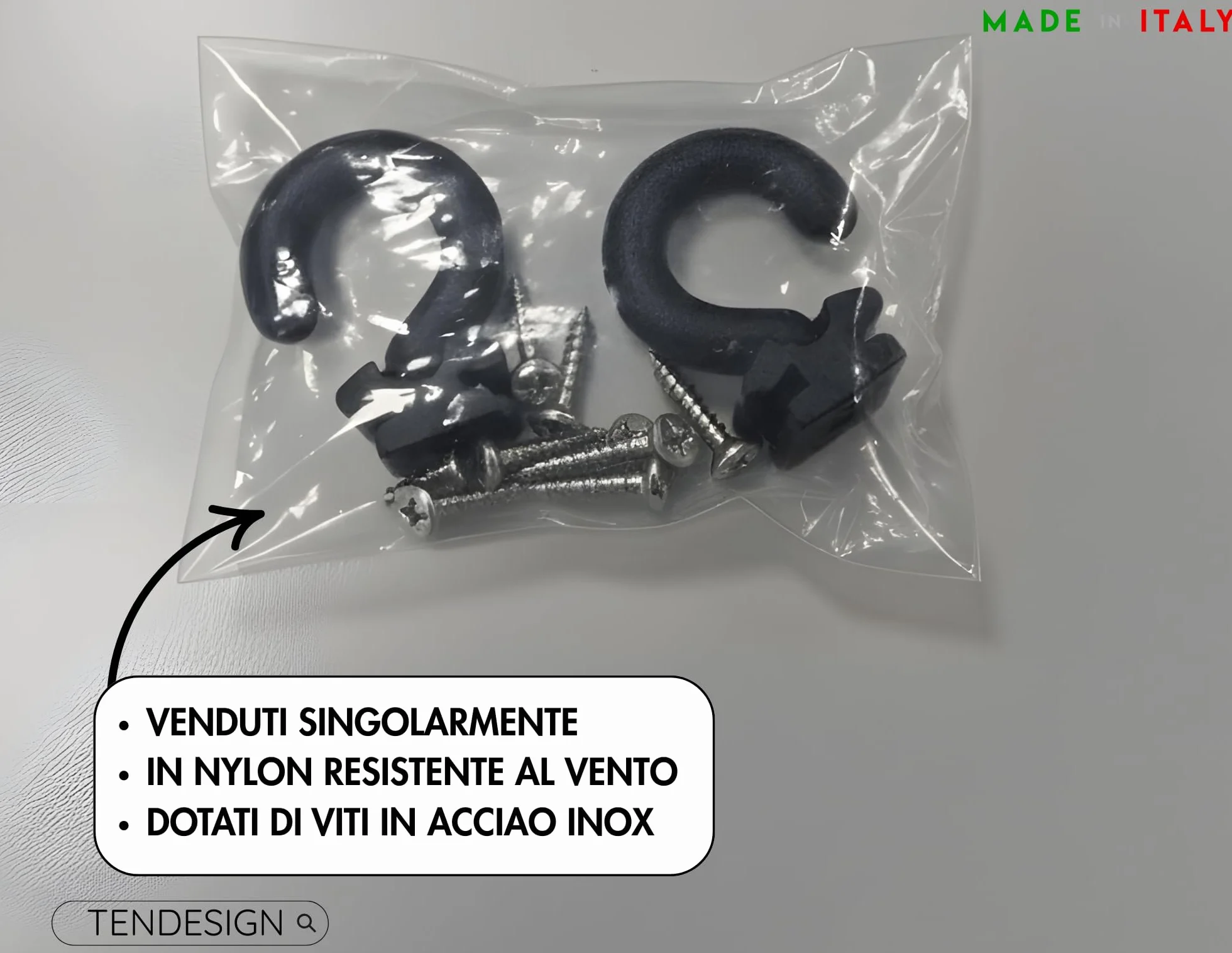 Ganci per Tenda da Sole Inox 1 Coppia - Viti di Fissaggio Incluse - Ancoraggio Telo a Ringhiera o Pavimento - Nylon Resistente