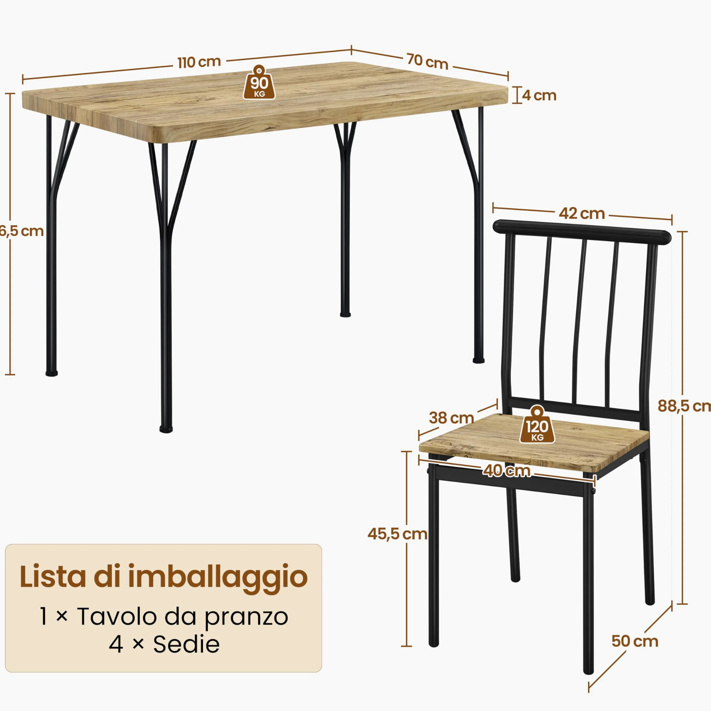 Yaheetech Tavolo da Pranzo con 4 Sedie Industriale Set 5 Pezzi Mobili da Bar Cucina Soggiorno Retro Salvaspazio in Legno e Metallo Marrone Tavolo 110x70x76.5cm Piano Spesso 4cm