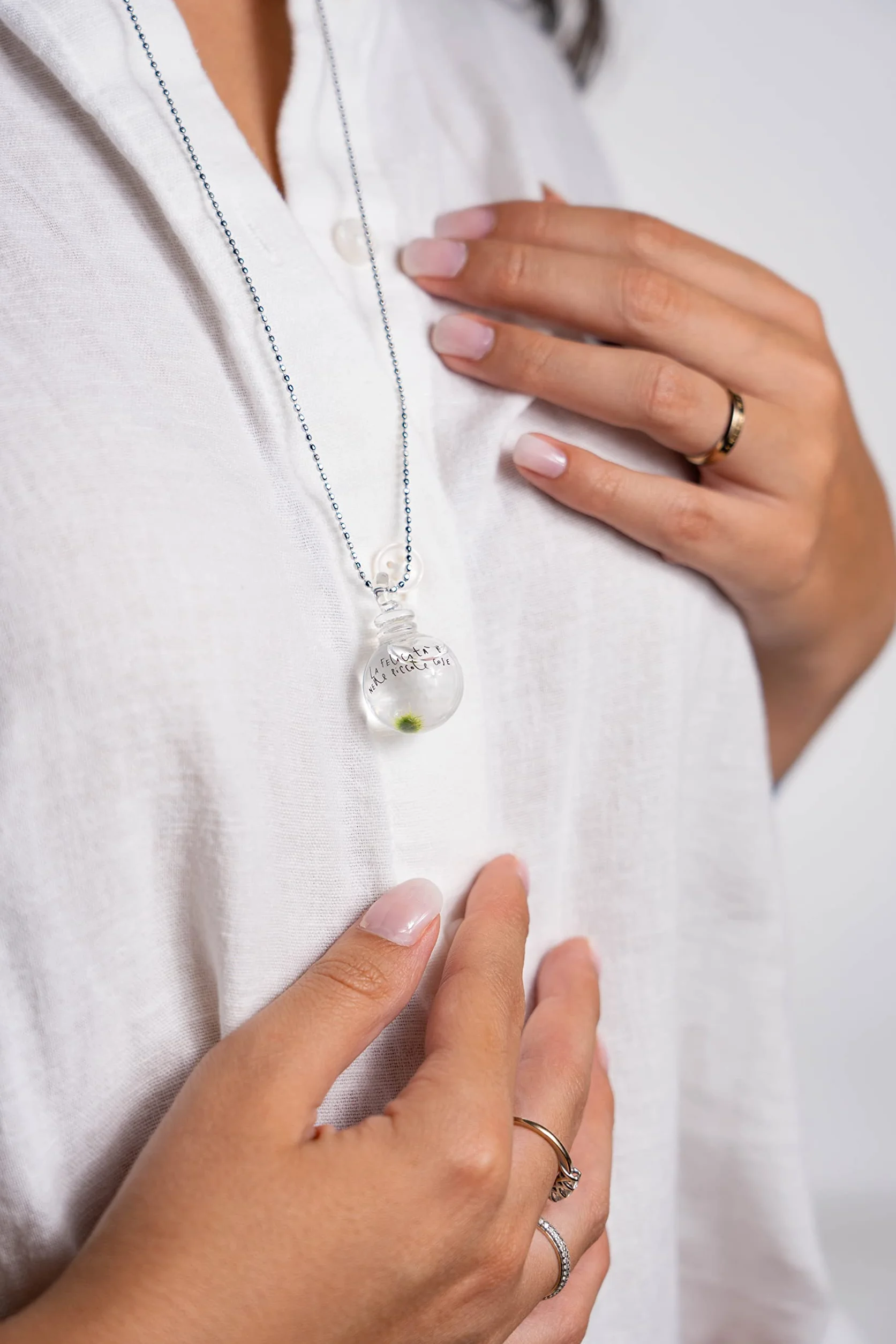 KAKI La Felicità è Nelle Piccole Cose Collana Marimino Edition con Marimo Vero Vetro Soffiato Artigianale Acciaio Inossidabile Anallergico Donna