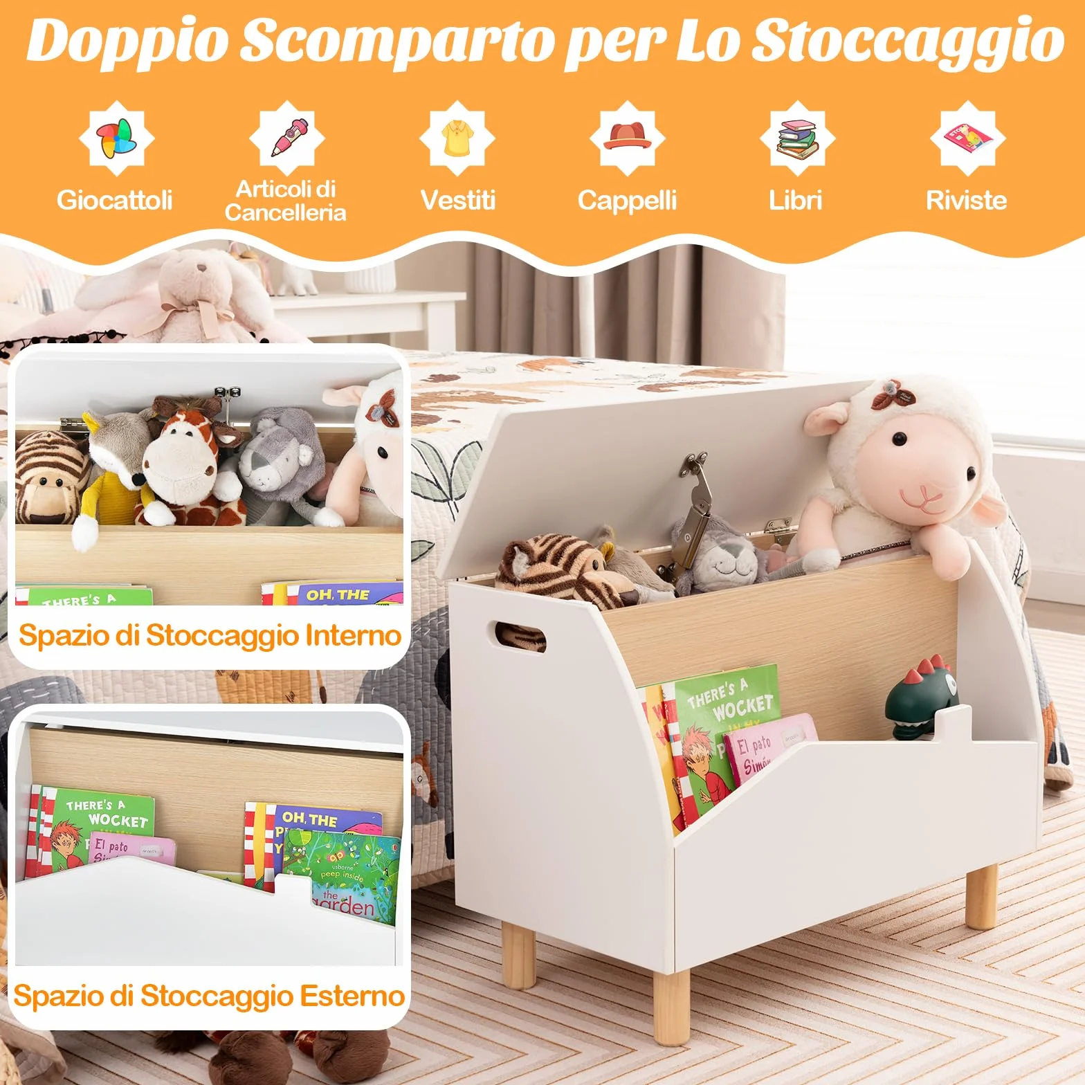 COSTWAY Libreria Montessoriana 2-in-1 in Legno per Bambini 60x30x44 cm Bianco