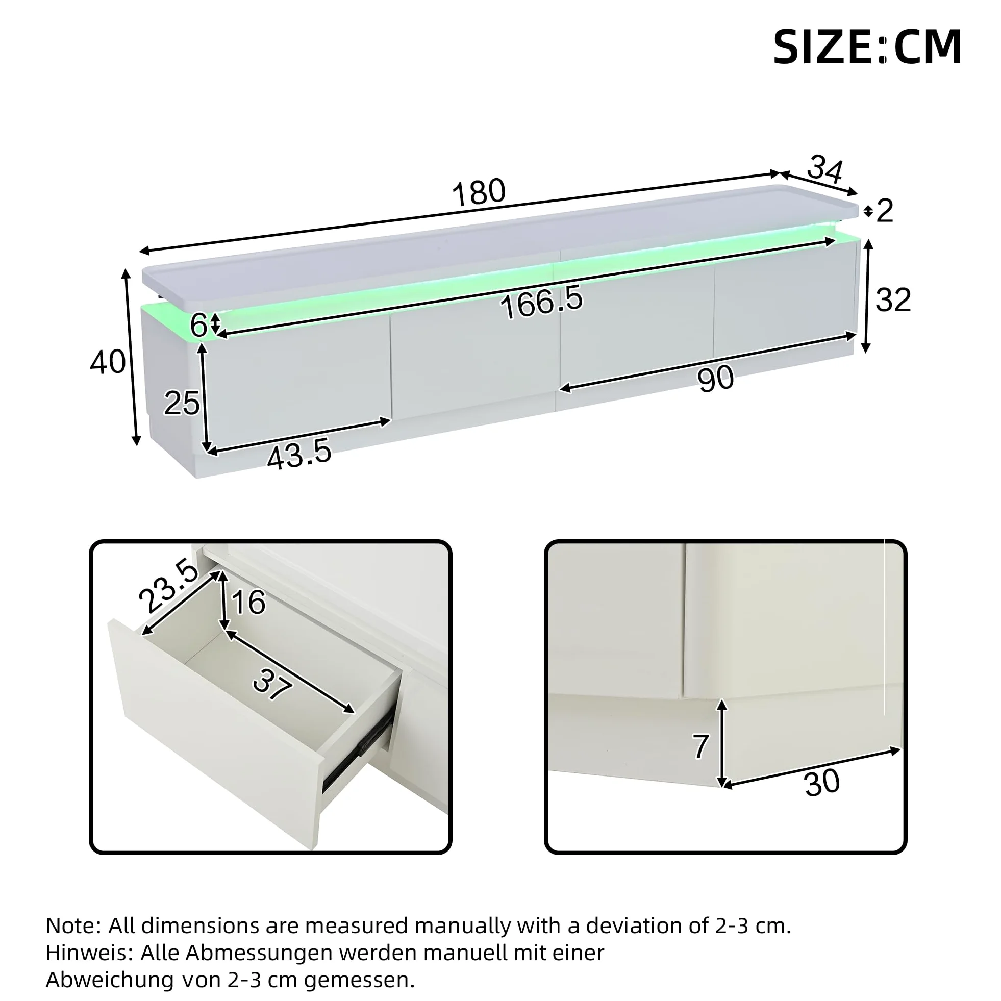 Armadio per TV con 4 cassetti, 180 x 34 x 40 cm, con LED, lucido e tavolo per TV, adatto per TV da 80 pollici (bianco)