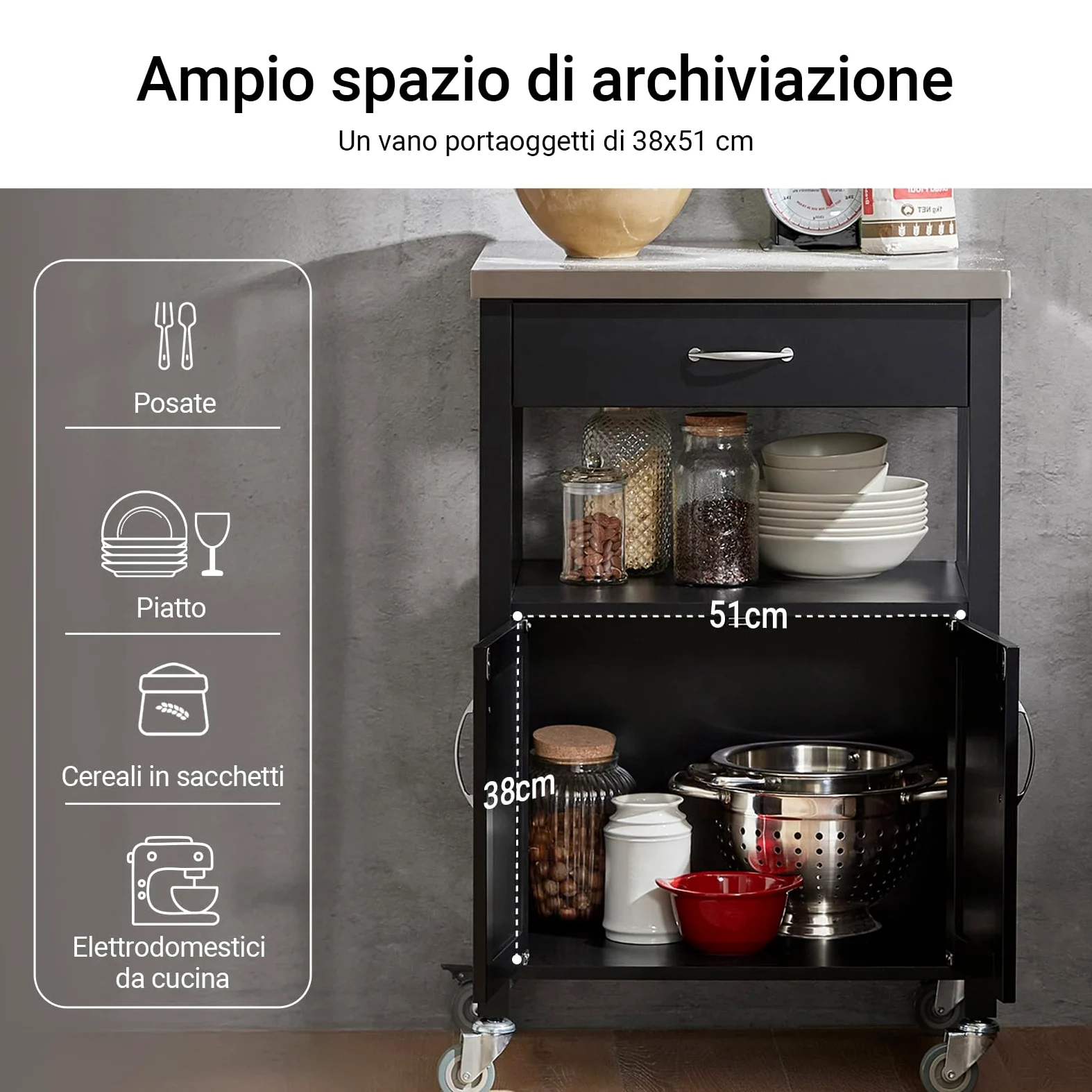 SoBuy Carrello cucina salvaspazio con piano di lavoro – Mobile cucina con ruote, ideale come mobiletto cucina, credenza compatta o mobile microonde – Disponibile in Nero 60x92x45cm FKW22-SCH