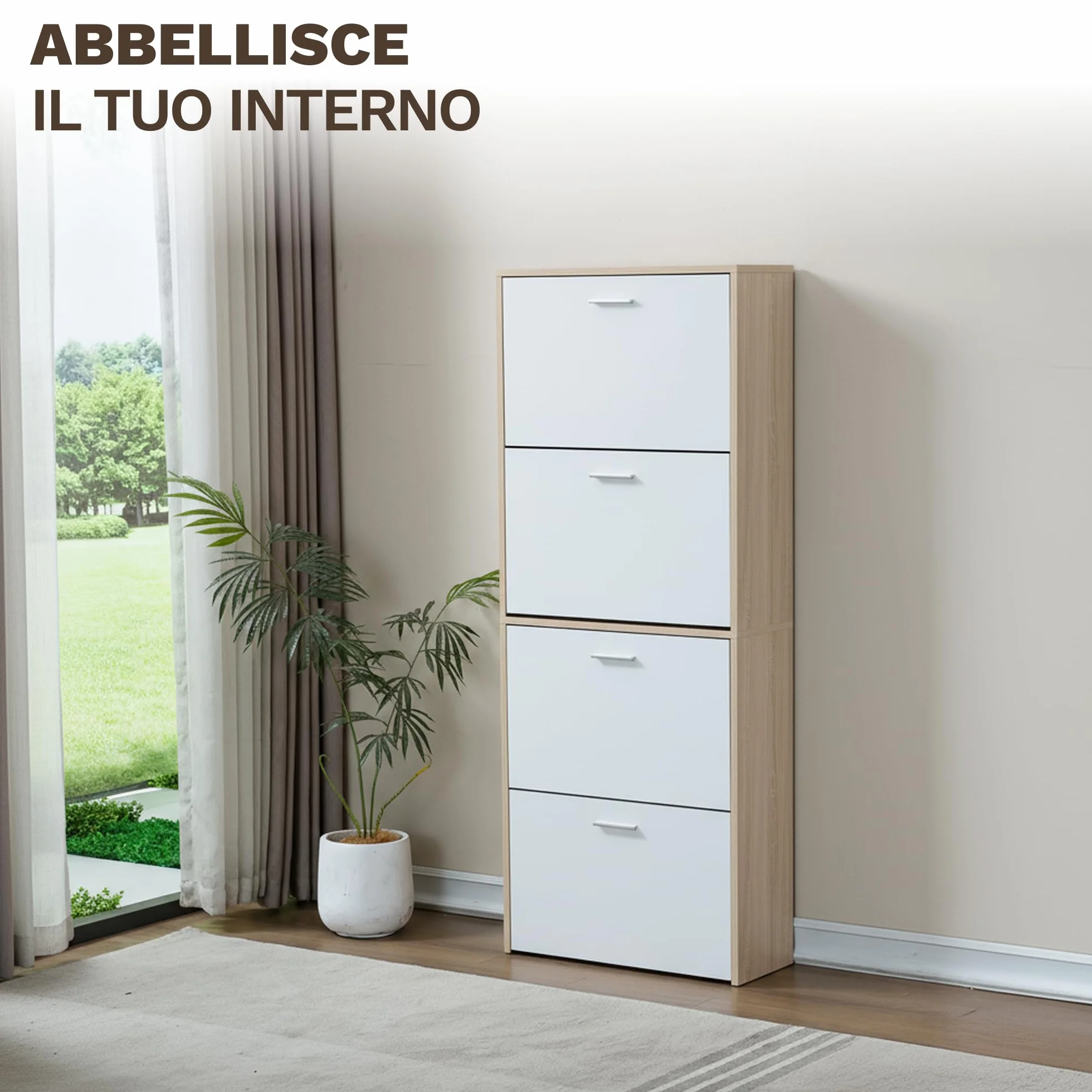 Scarpiera salvaspazio slim 60 cm legno bianco 4 ante 24 paia design moderno alto stretto
