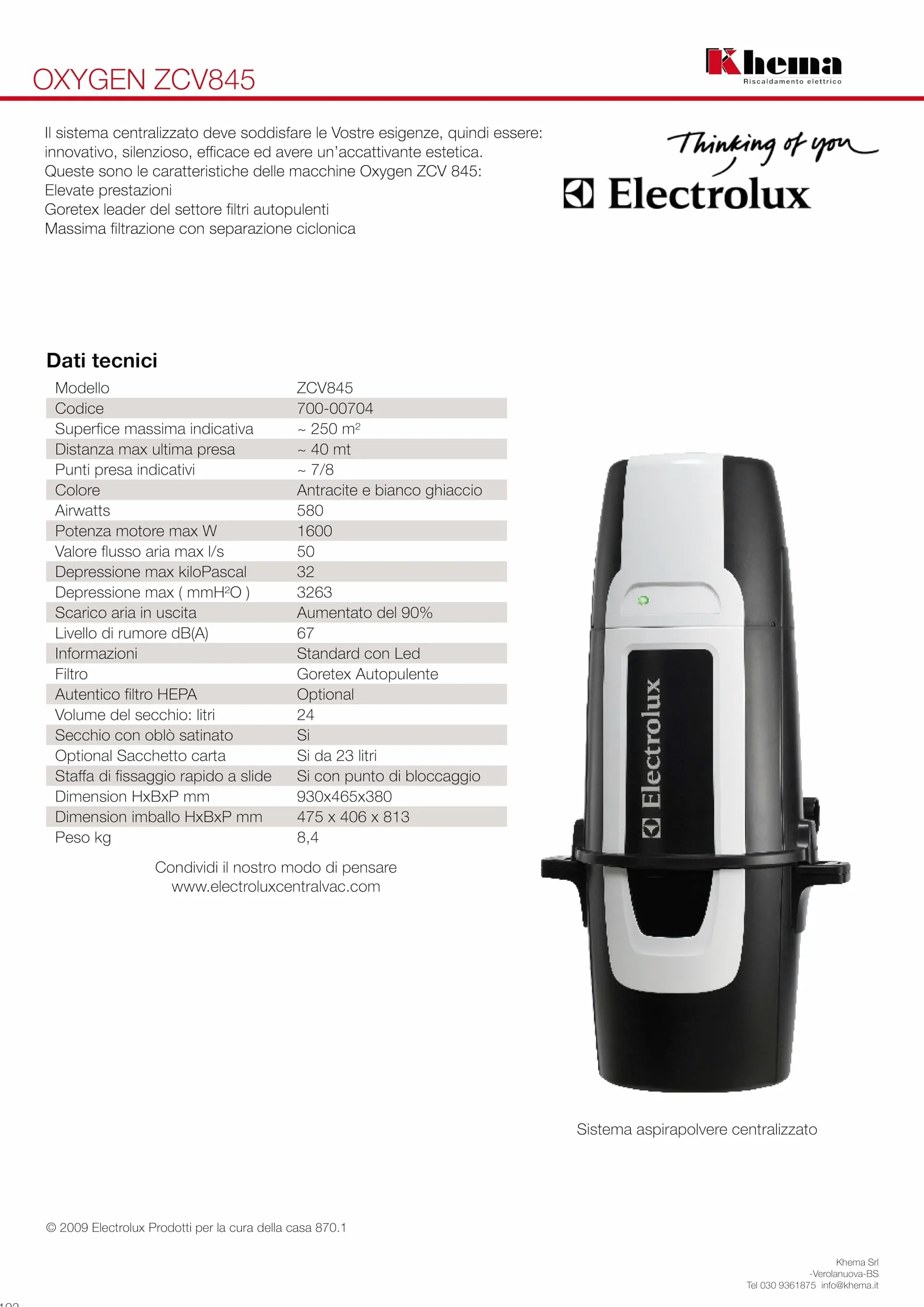 Electrolux Centrale Aspirapolvere centralizzato ZCV870 Compatibile con Set accessori di altri marchi