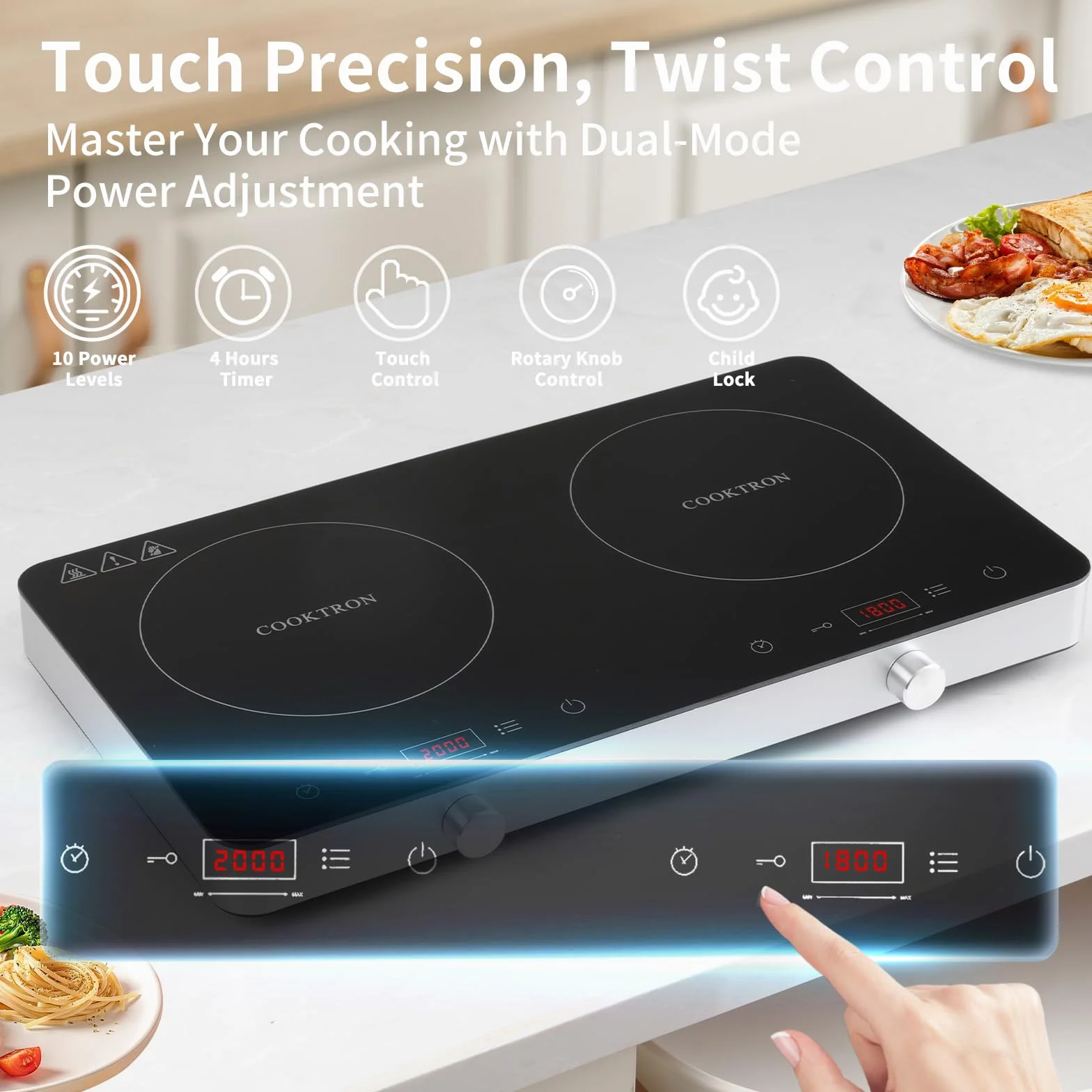 COOKTRON Piastra Induzione 2 Fuochi, Piastra Ad Induzione 3500W, Portatile con Controllo Touch e Manopola, Timer 4 Ore, Sicurezza Bambini, 10 Livelli di Potenza/Temperatura