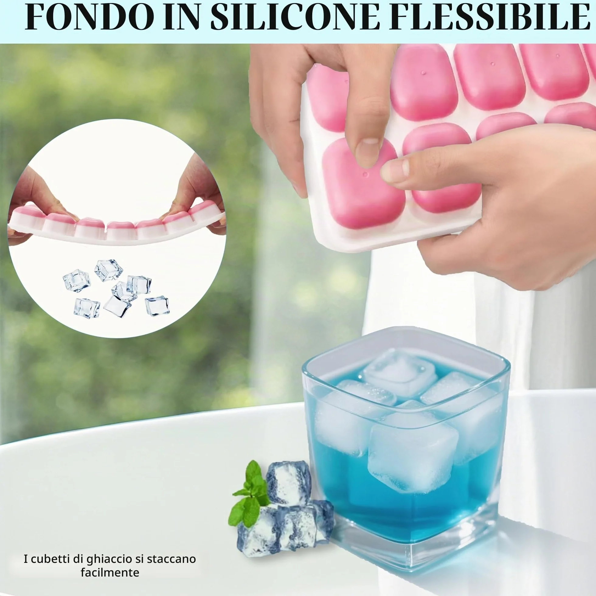 Stampo Cubetti di Ghiaccio in Silicone Alimentare con Coperchio LFGB, Adatto per Whisky e Cocktail (Rosa, Blu, Giallo, Verde)
