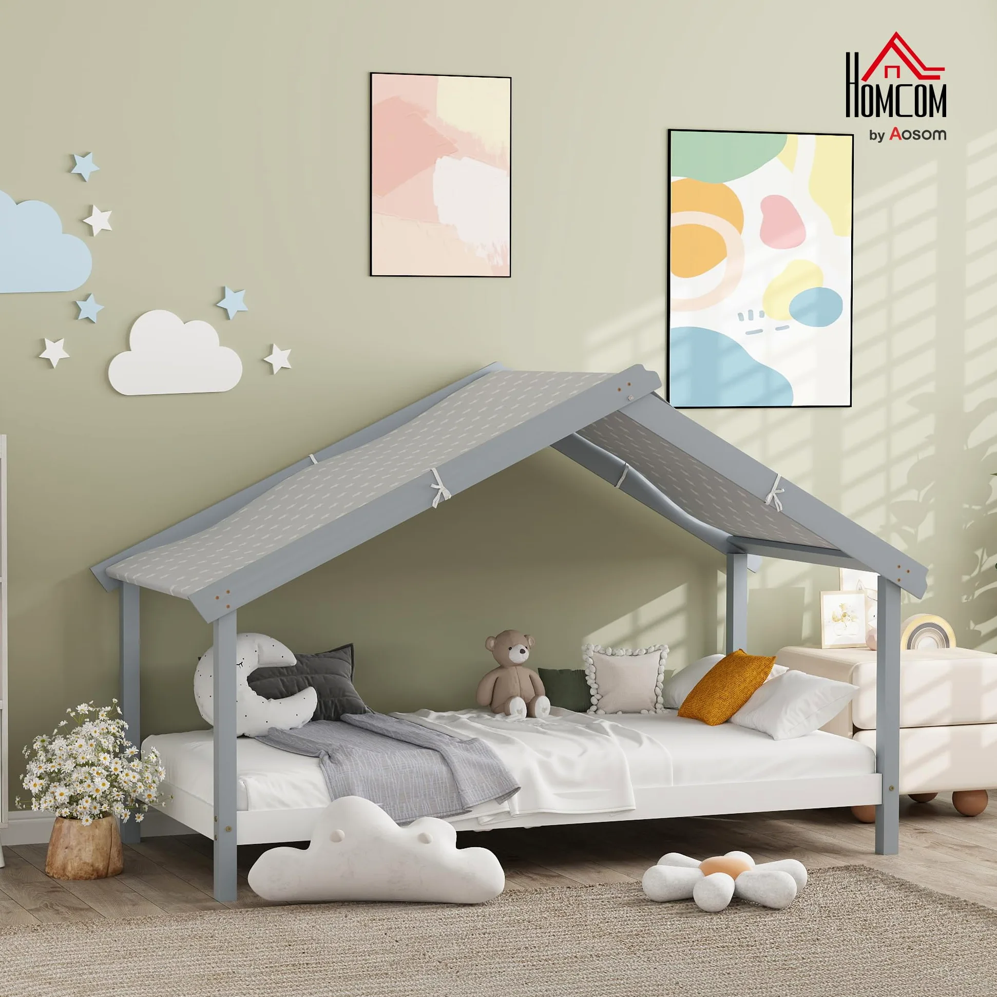 HOMCOM Letto Montessori per bambini a Casetta con Tetto Stellato, Letto per Bambini 90x190 cm per Cameretta con Struttura in Legno di Pino, 15 Doghe e Barriere di Protezione, Grigio