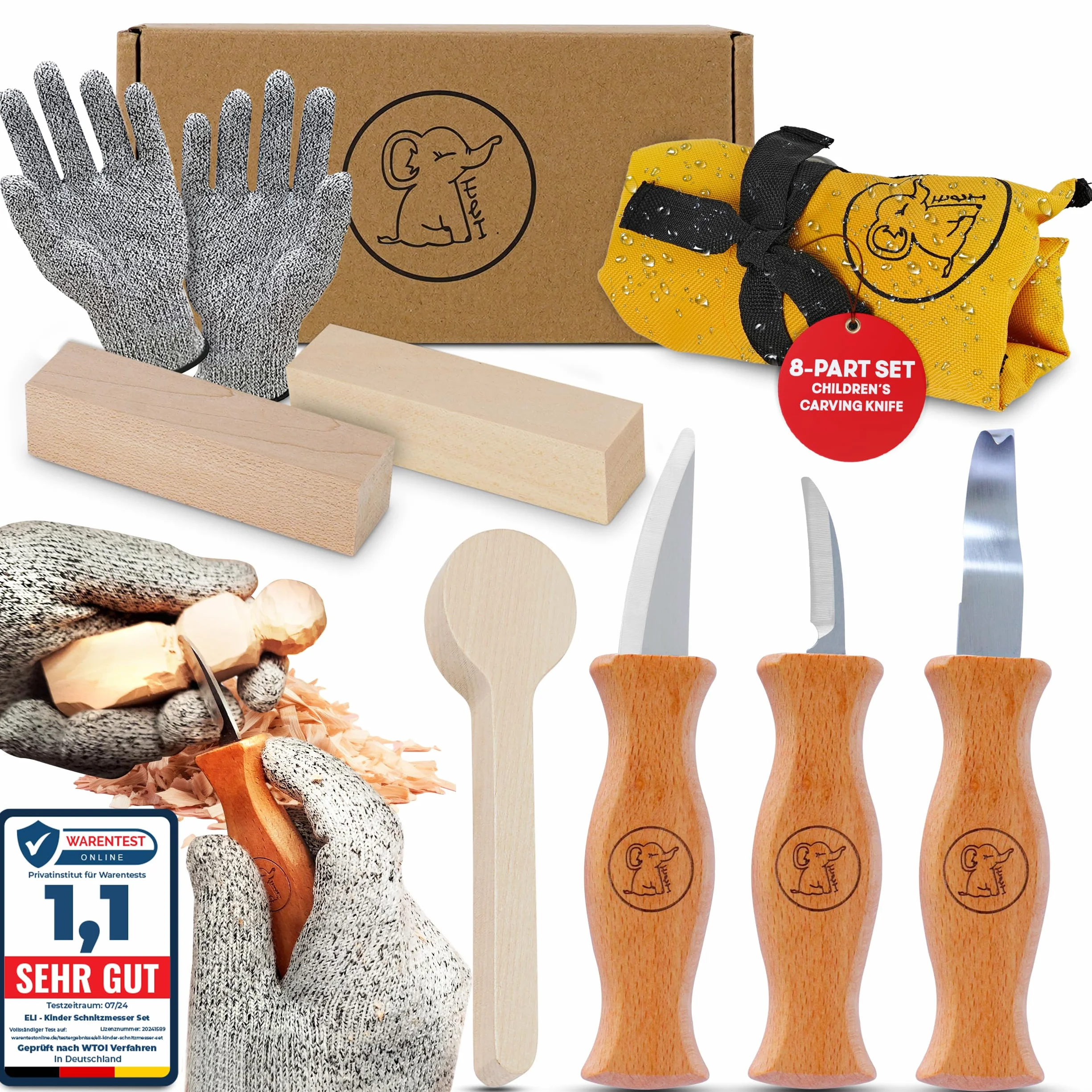Eli®Set di coltelli da intaglio per bambini a partire da 6 anni, set di coltelli da intaglio per bambini di alta qualità da 8 pezzi, inclusi guanti, utensili da intaglio, legno di tiglio
