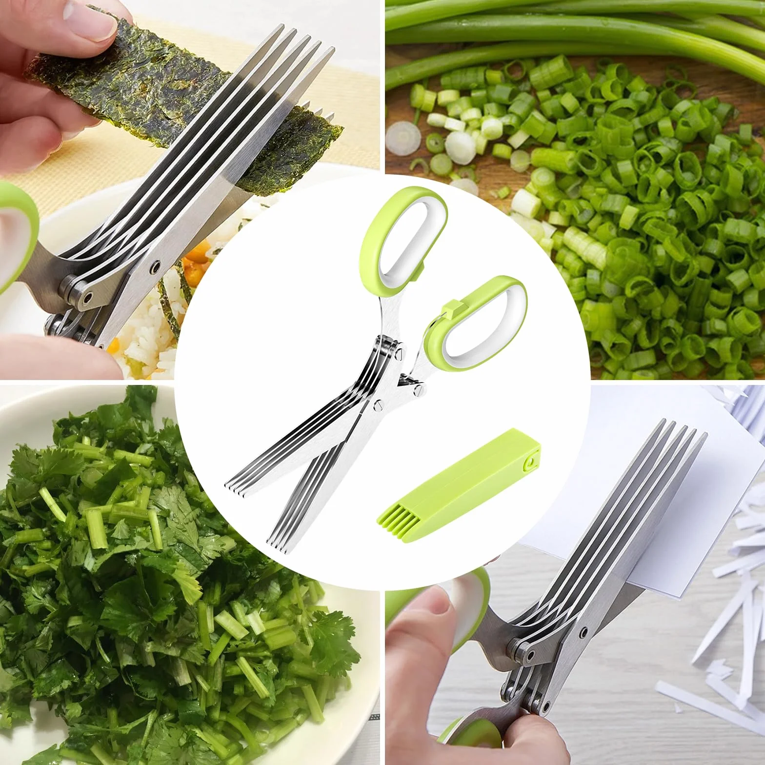 Relota Forbici per Erbe Aromatiche, Forbice Cucina a 5 Lame in Acciaio Inox con Coperchio di Sicurezza, Forbici Cucina per Erba Cipollina, Prezzemolo, Erbe Aromatiche, Spezie Verdure